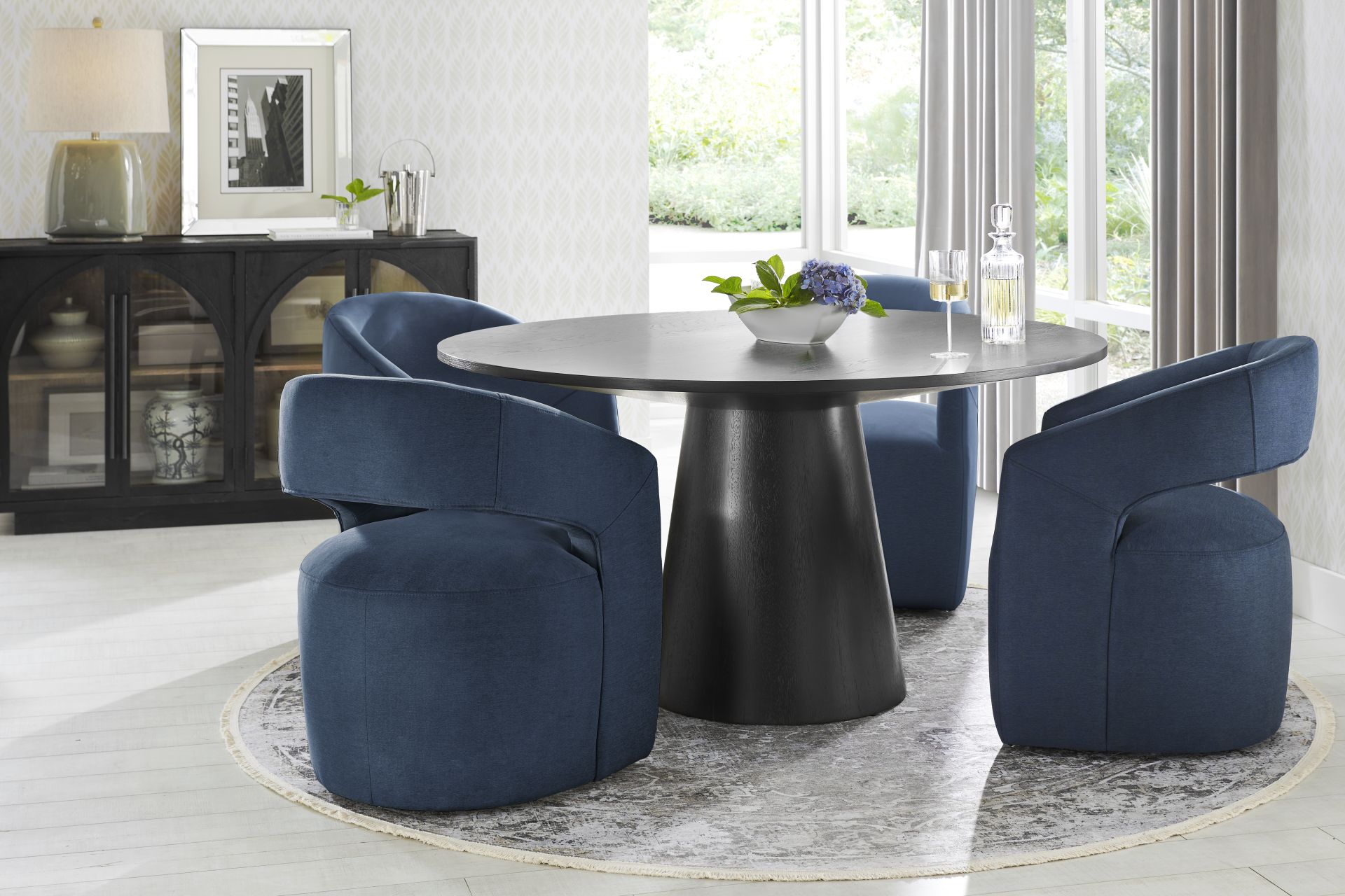 Kendall Black 5 Pc 59" Round Dining Room with Navy Cascade Park Arm Chairs - Image 1