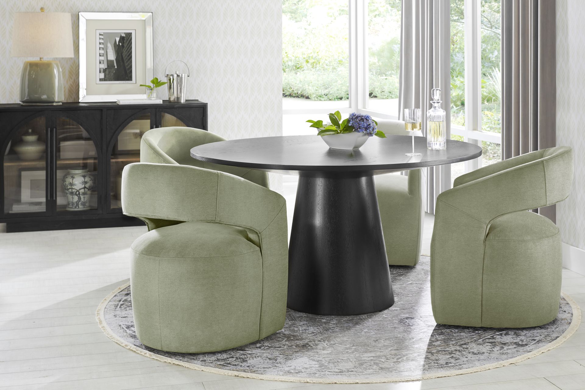 Kendall Black 5 Pc 59" Round Dining Room with Sage Cascade Park Arm Chairs - Image 1