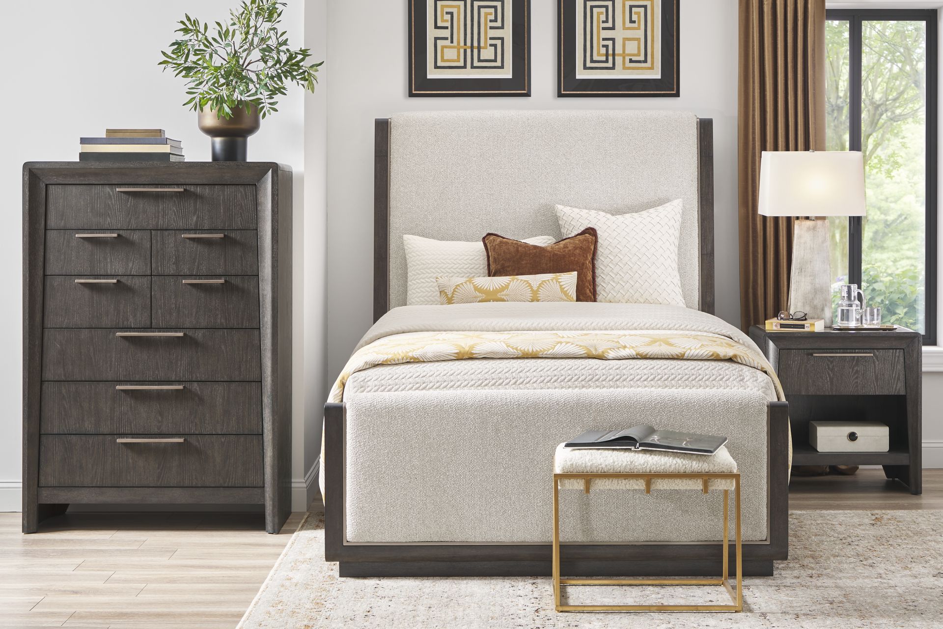 Cindy Crawford Home Small Space Fairfax Gray 5 Pc King Upholstered Bedroom - Image 1