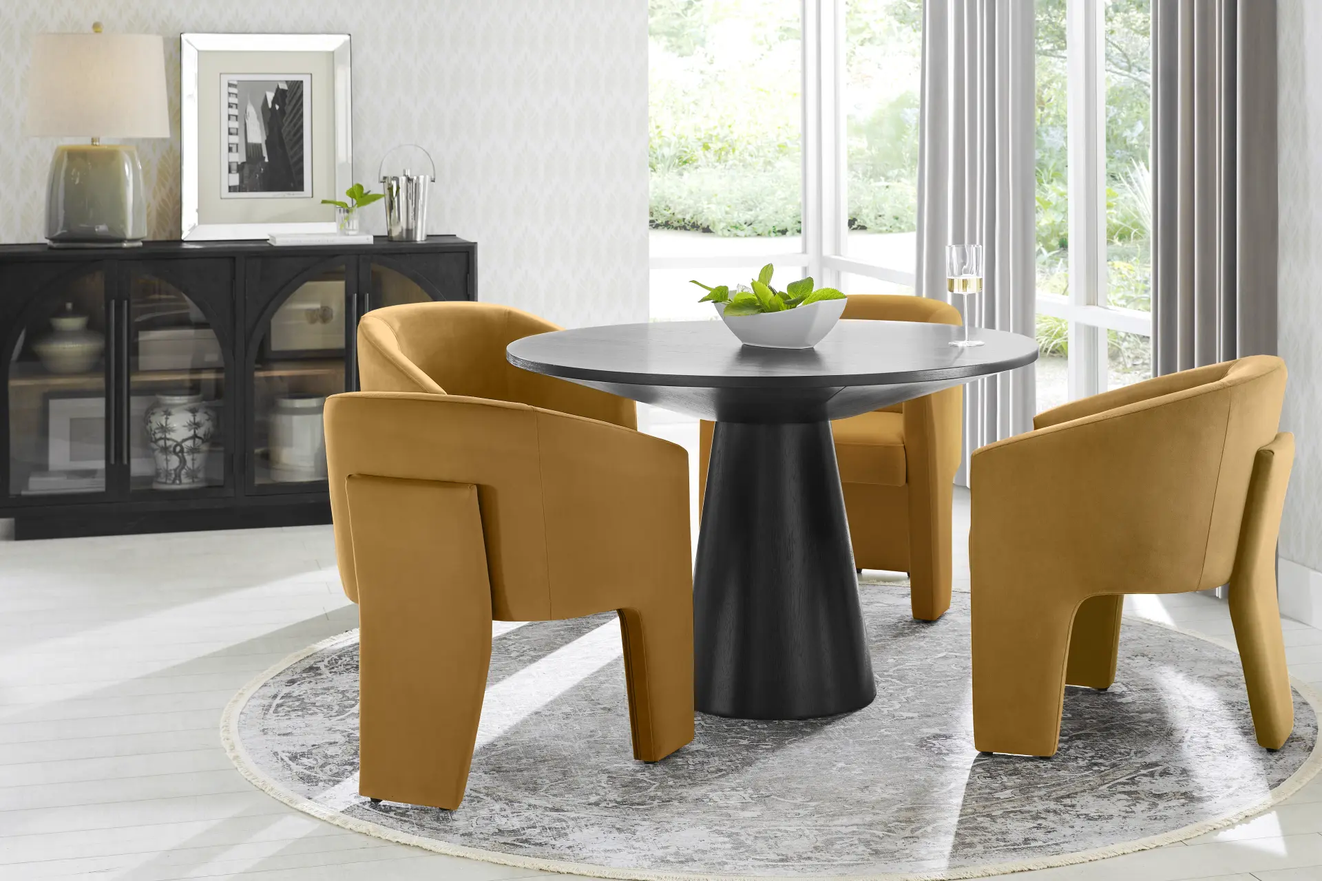 Kendall Black 5 Pc 48" Round Dining Room with Gold Arm Chairs