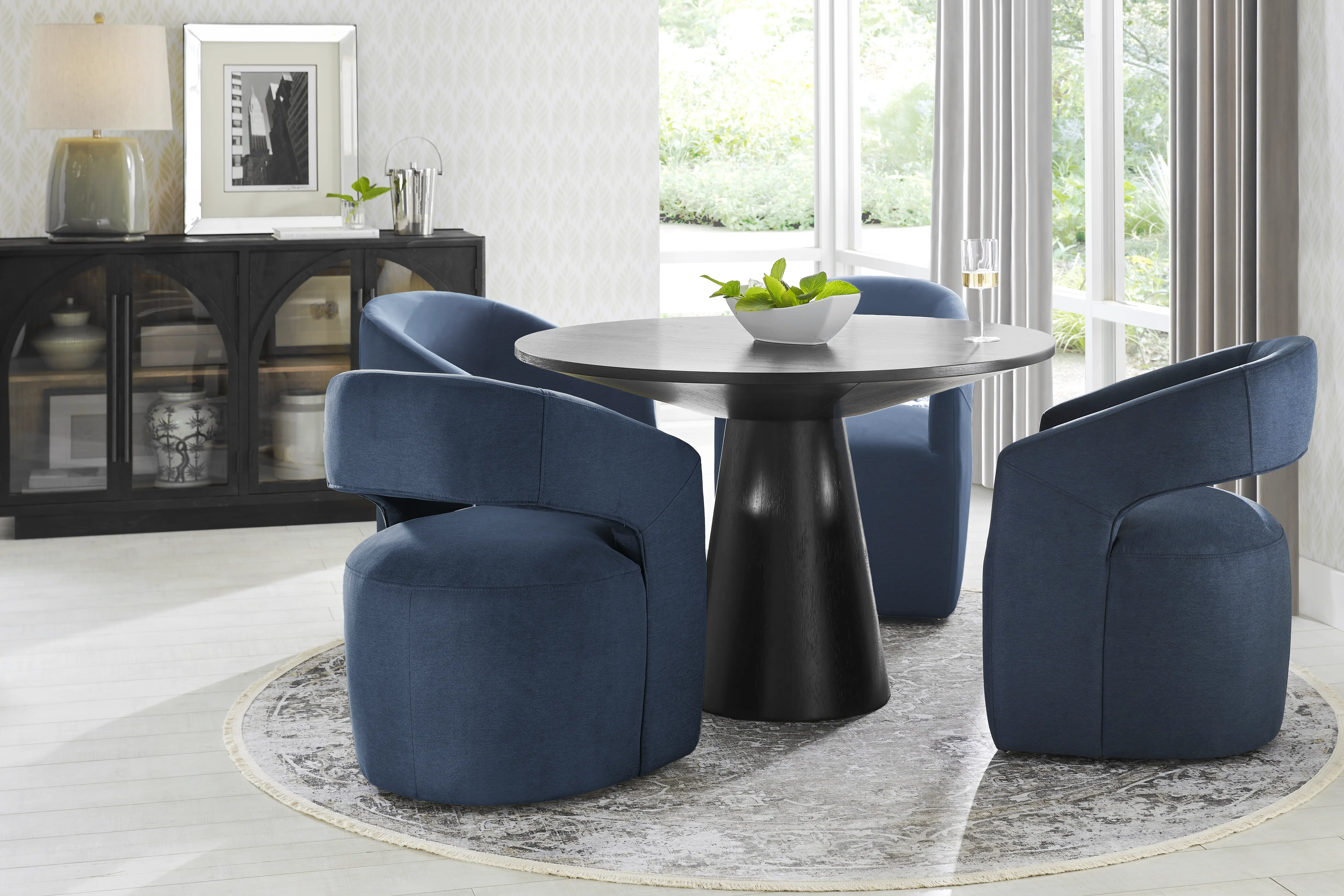 Kendall Black 5 Pc 48" Round Dining Room with Navy Cascade Park Arm Chairs - Thumbnail - Image 1