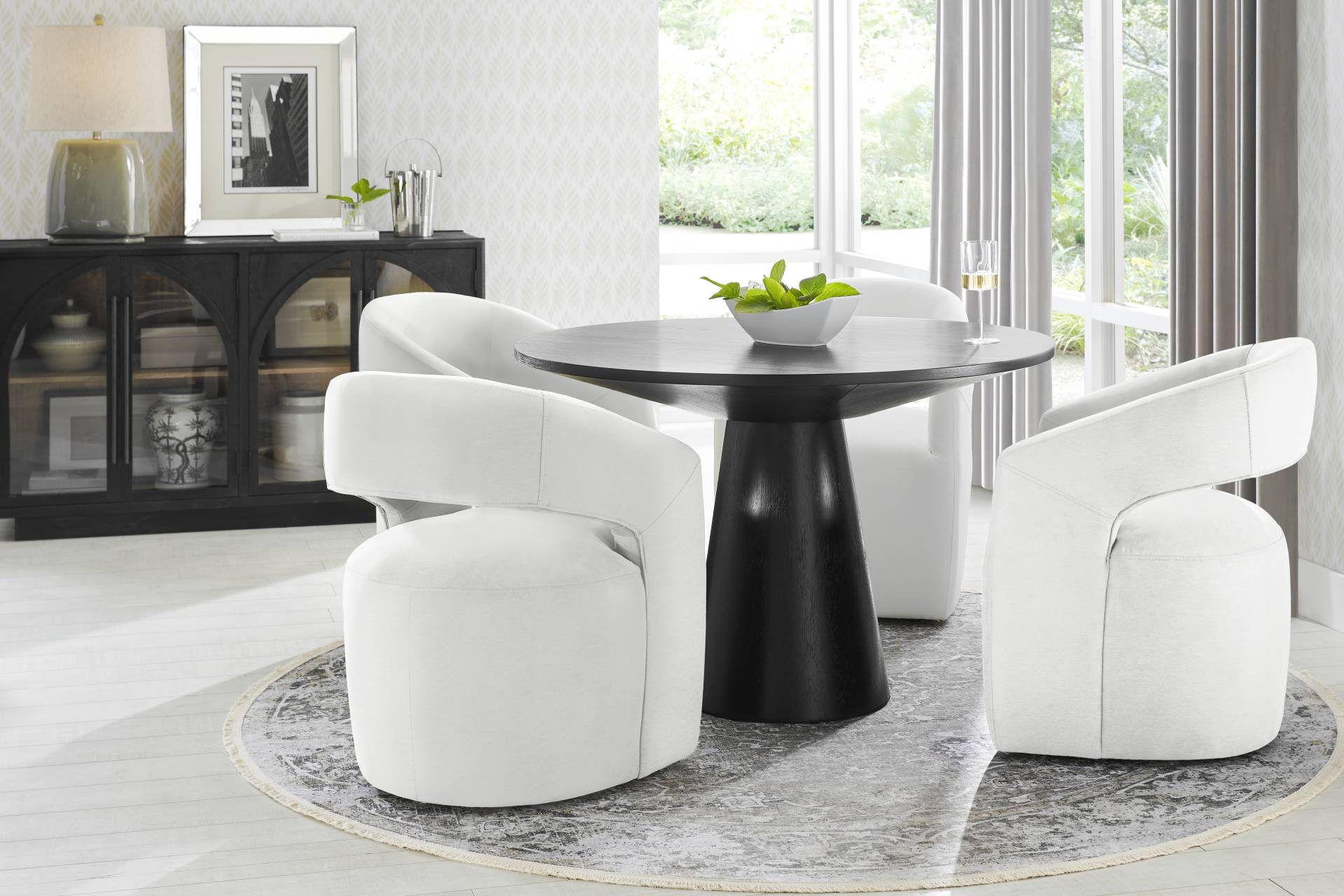 Kendall Black 5 Pc 48" Round Dining Room with White Cascade Park Arm Chairs full room