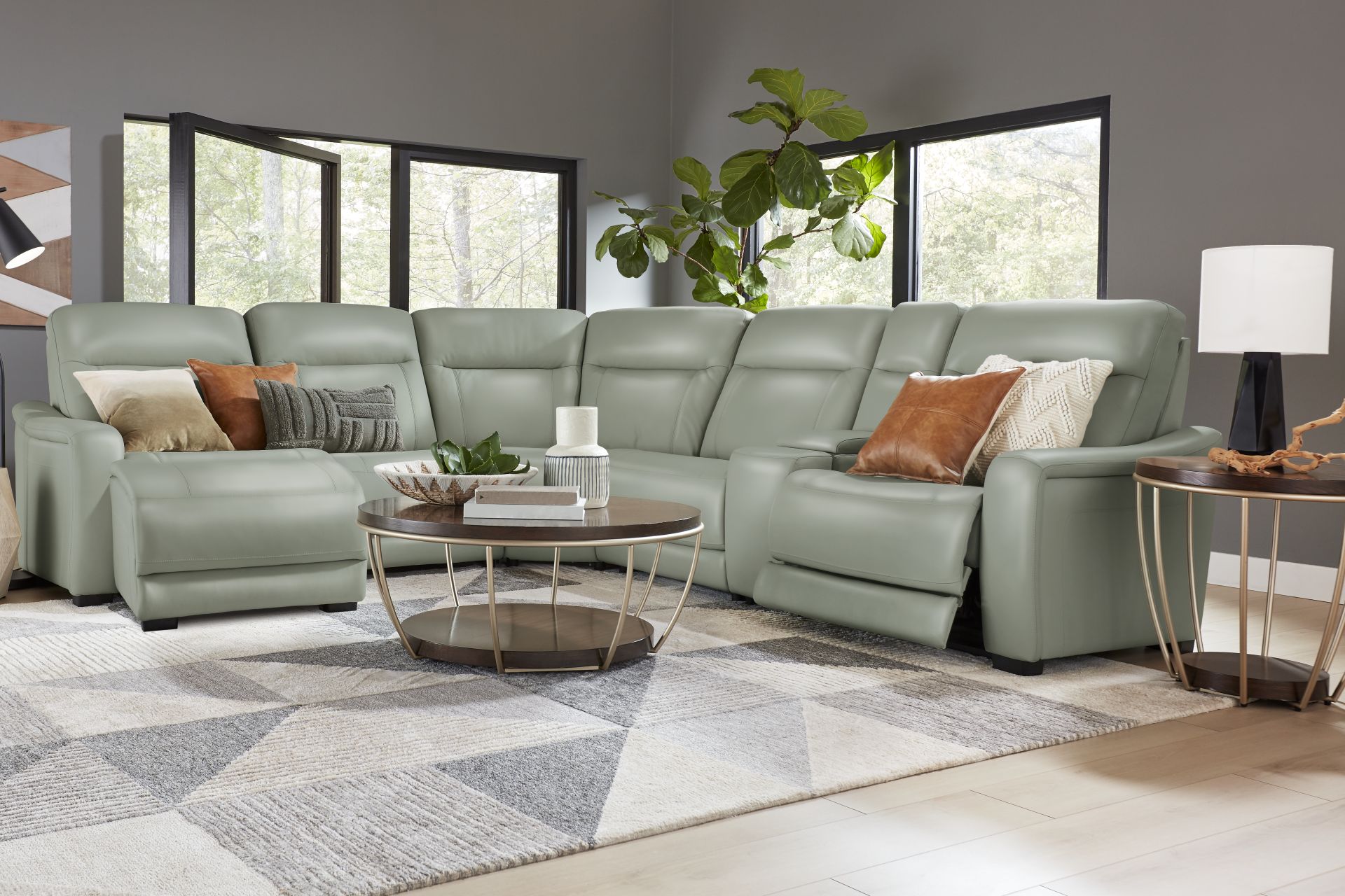 Newport Mint Leather 6 Pc Dual Power Reclining Sectional - Image 2