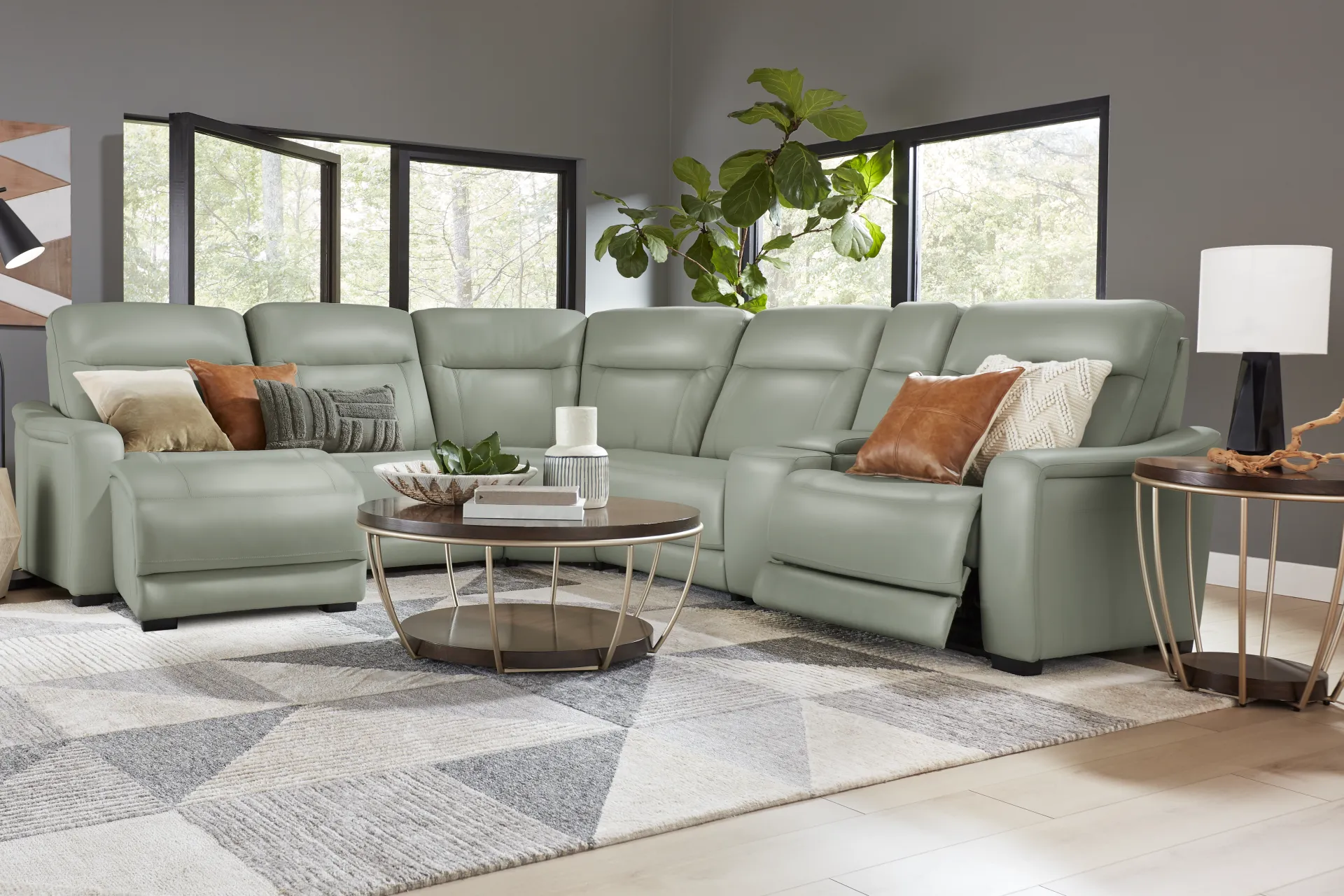 Newport Mint Leather 6 Pc Dual Power Reclining Sectional - Image 1