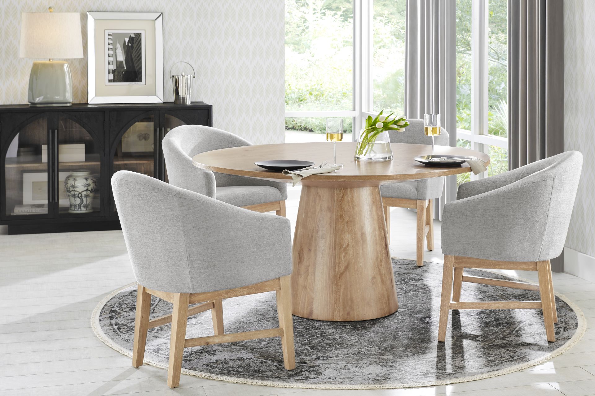 Kendall Natural 5 Pc 59" Round Dining Room with Gray Arm Chairs - Image 1