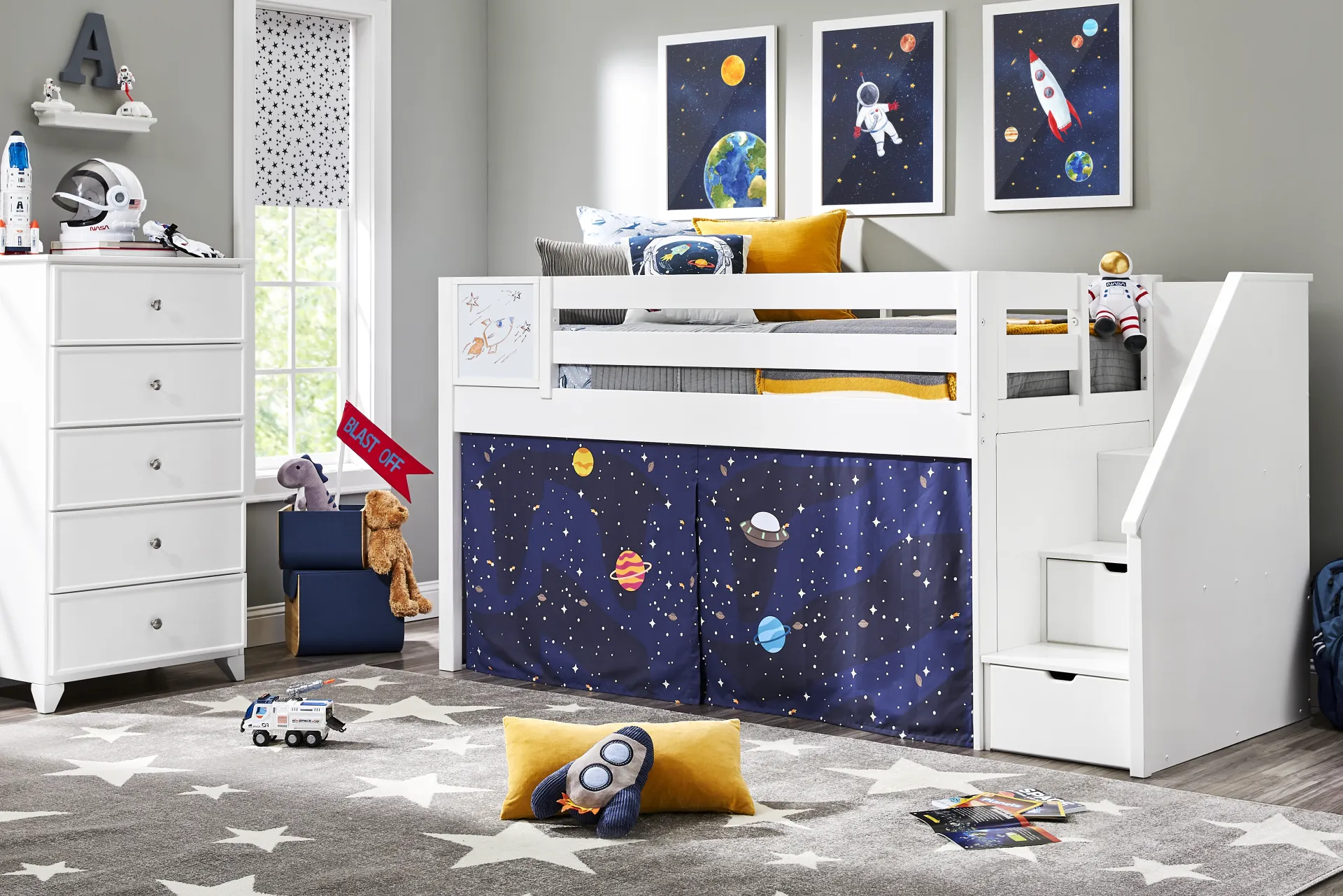Kids Blast Off White Twin Step Loft Bed with Activity Panel - Image 1