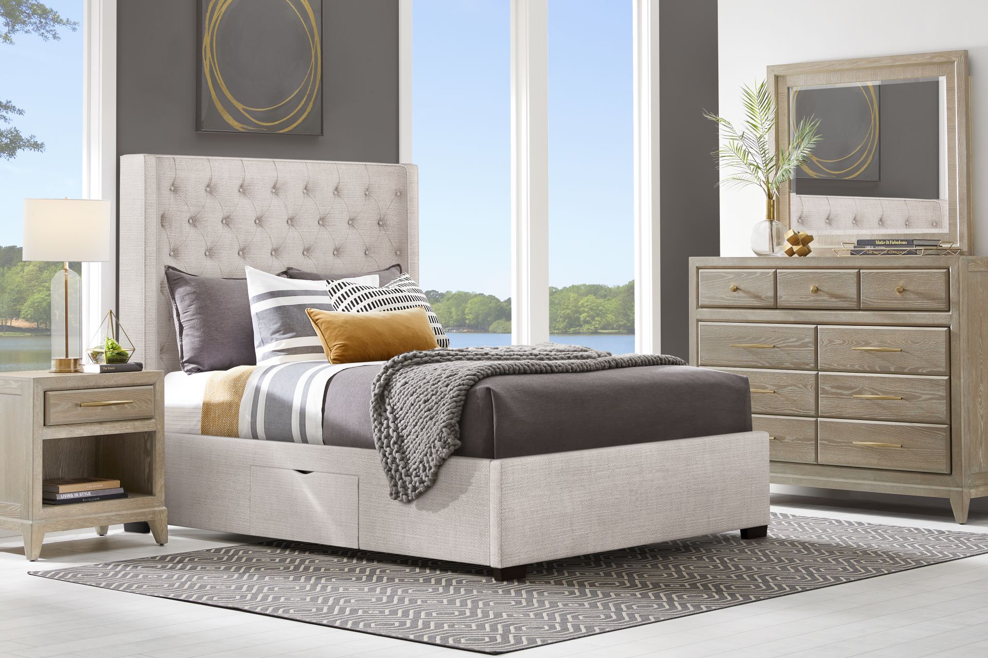 Kailey Park Light Oak Finish 7 Pc Bedroom With Harlow Hill Taupe Queen Upholstered Bed - Image 1