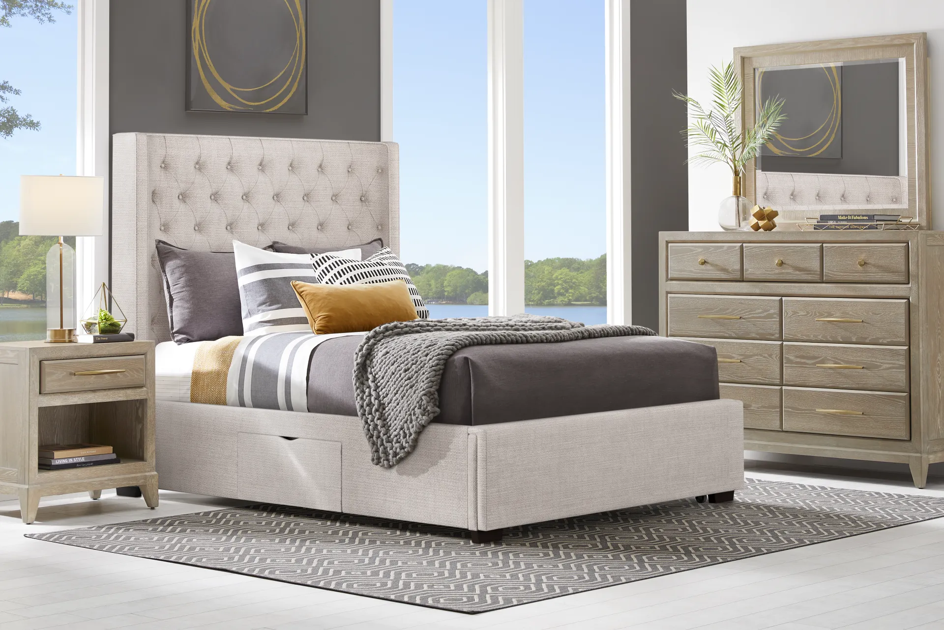 Kailey Park Light Oak Finish 7 Pc Bedroom With Harlow Hill Taupe King Upholstered Storage Bed - Image 1