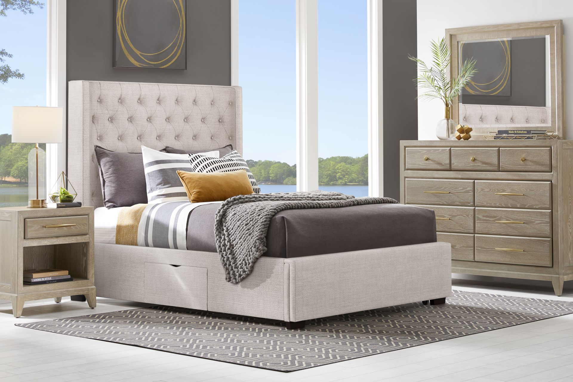 Kailey Park Light Oak Finish 7 Pc Bedroom With Harlow Hill Taupe Queen Upholstered Storage Bed - Image 1