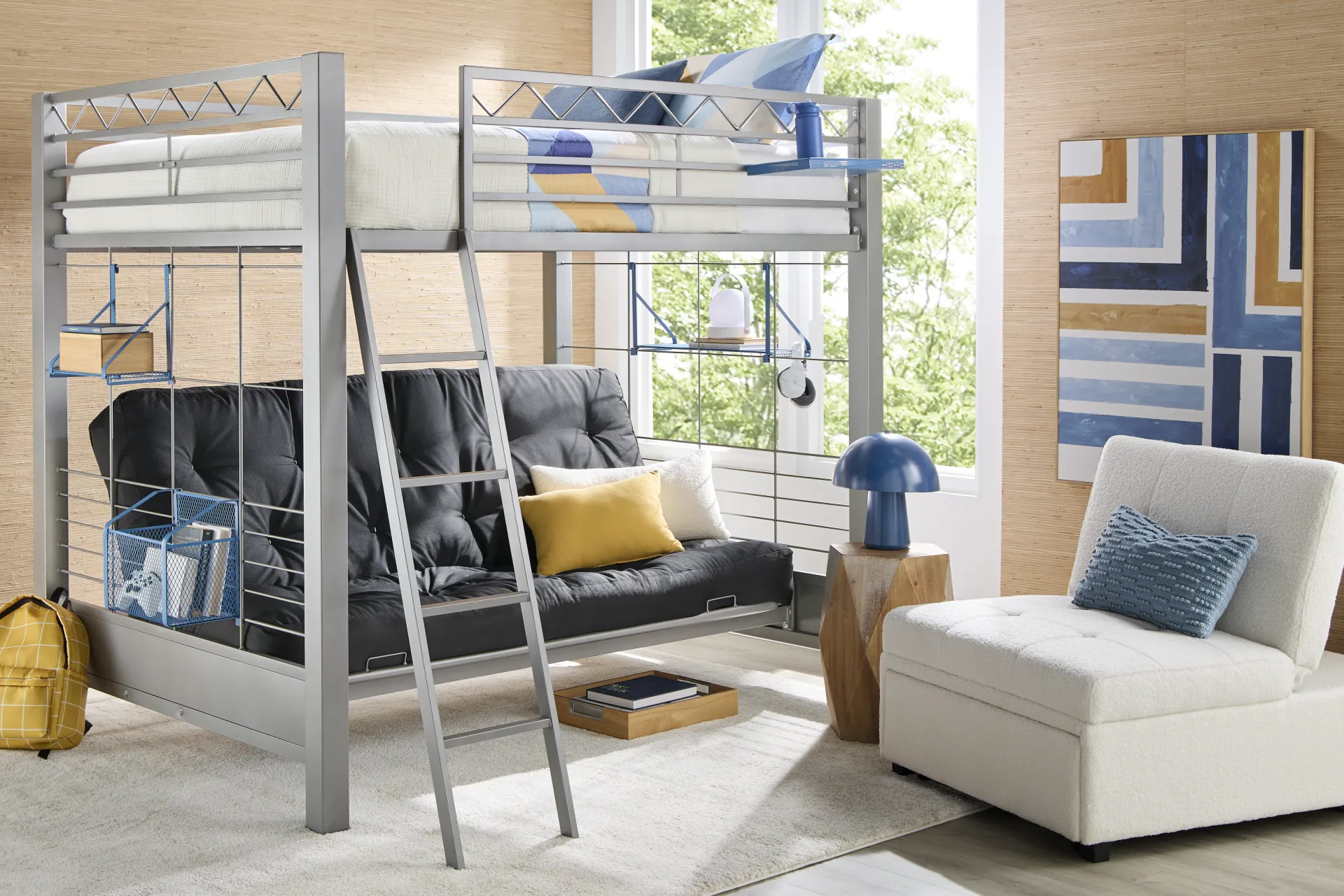 Build-a-Bunk Gray Full/Futon Loft Bed with Blue Accessories - Image 1