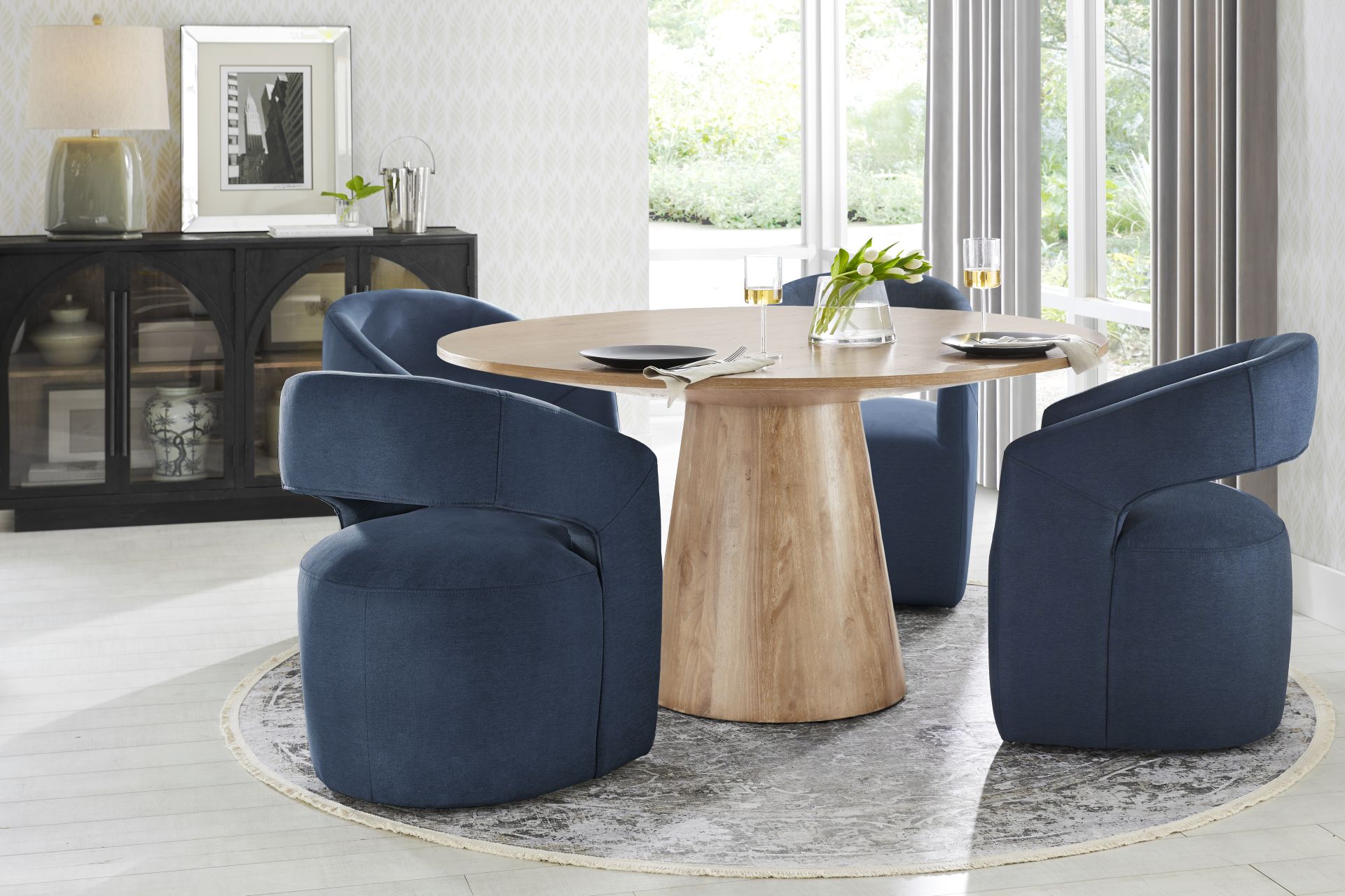 Kendall Natural 5 Pc 59" Round Dining Room with Navy Cascade Park Arm Chairs - Image 1
