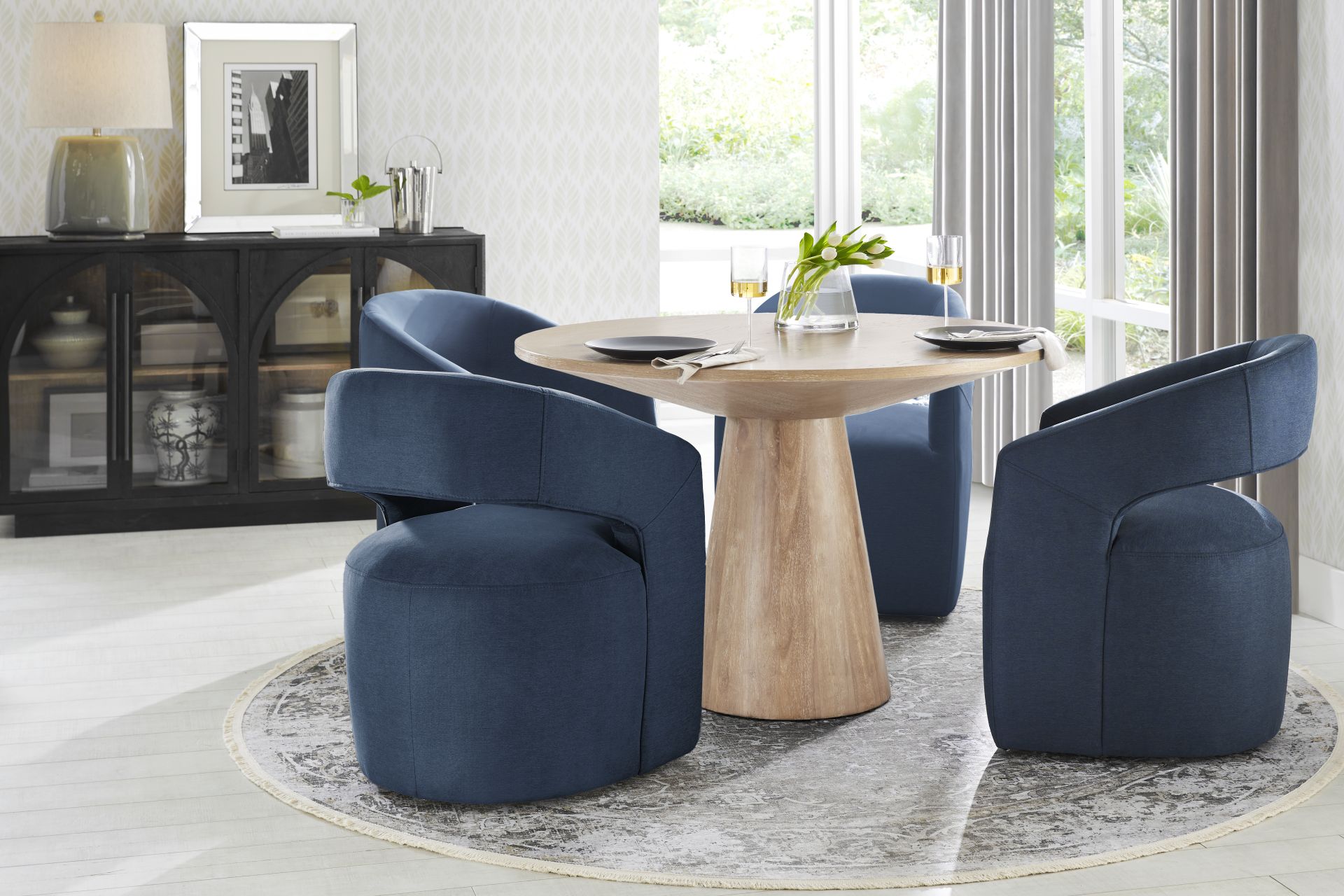 Kendall Natural 5 Pc 48" Round Dining Room with Navy Cascade Park Arm Chairs - Image 1