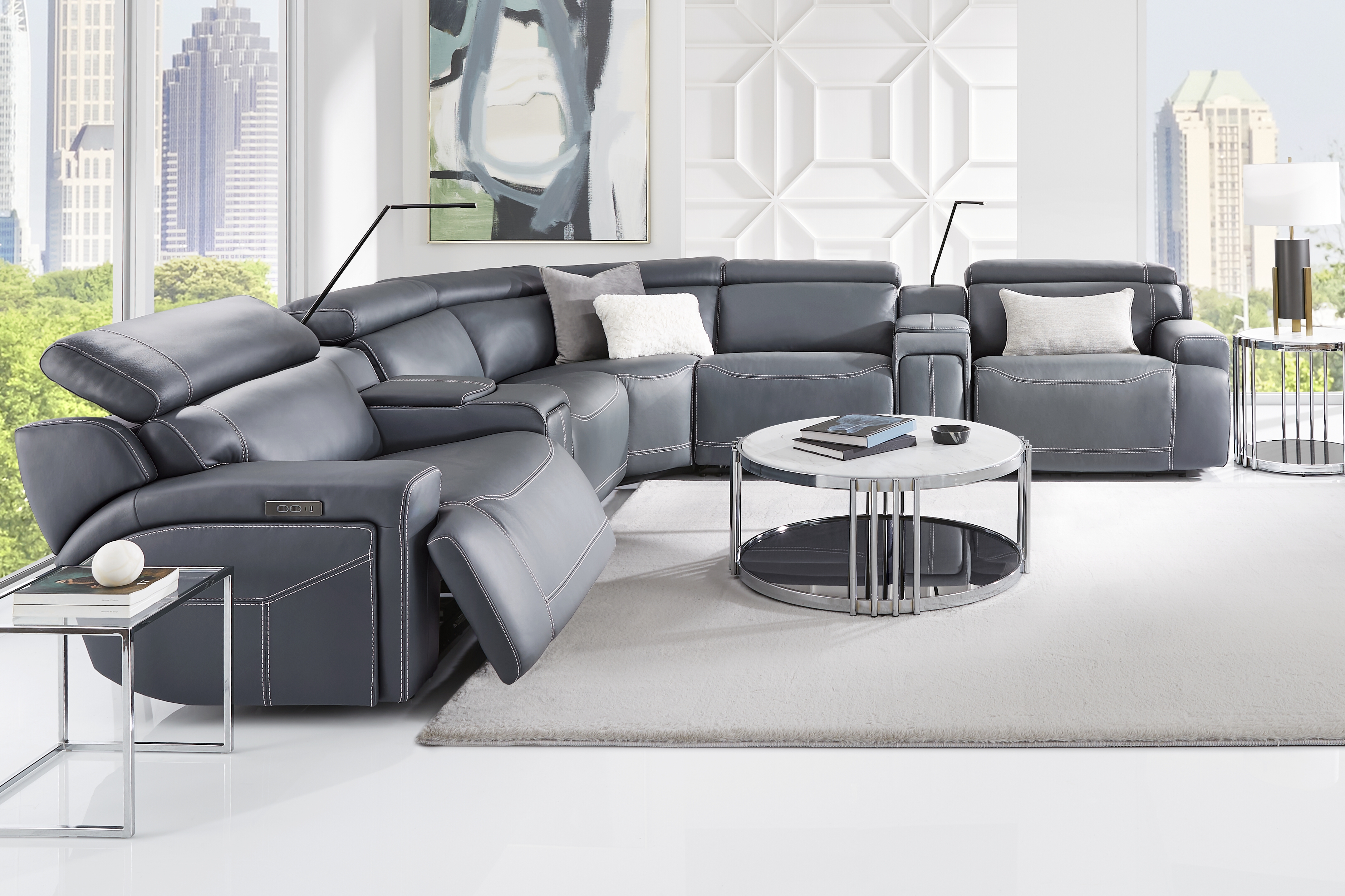 Alessio Navy Leather 7 Pc Dual Power Reclining Sectional