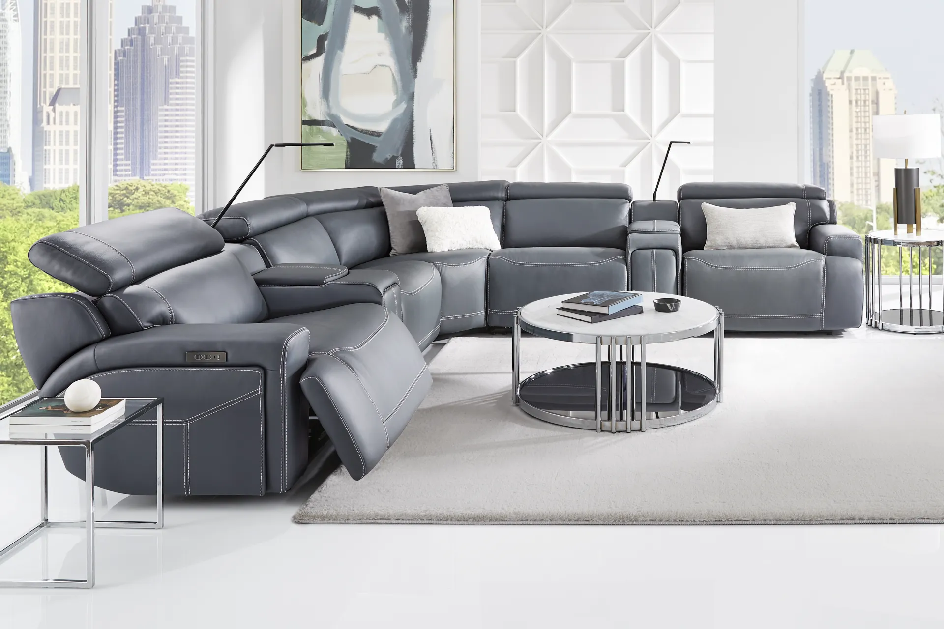 Alessio Navy Leather 7 Pc Dual Power Reclining Sectional - Image 1