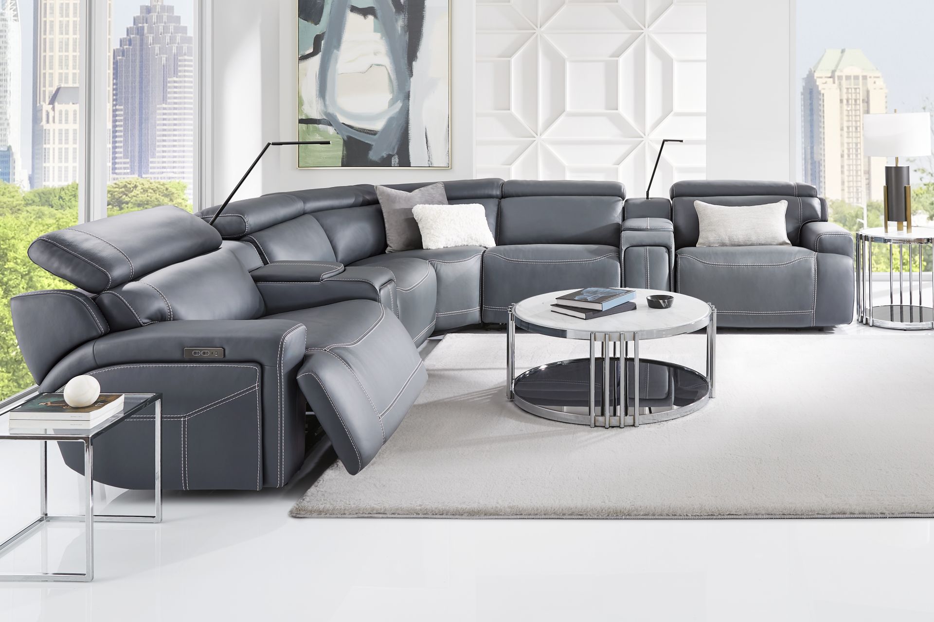 Alessio Navy Leather 7 Pc Dual Power Reclining Sectional - Image 2