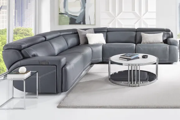 Alessio Navy Leather 5 Pc Dual Power Reclining Sectional
