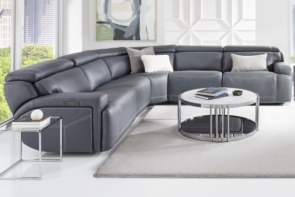 Alessio Navy Leather 5 Pc Dual Power Reclining Sectional