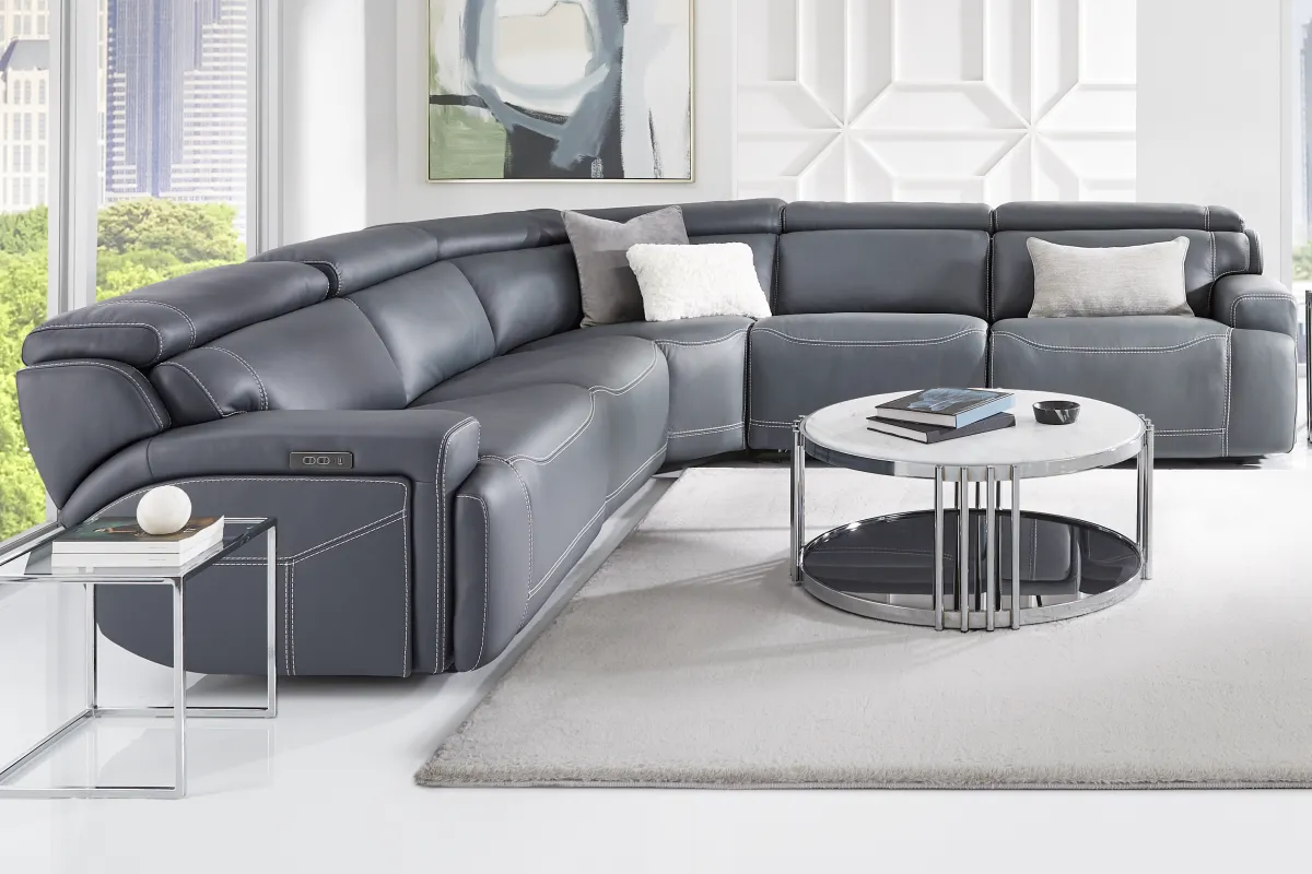 Alessio Navy Leather 5 Pc Dual Power Reclining Sectional