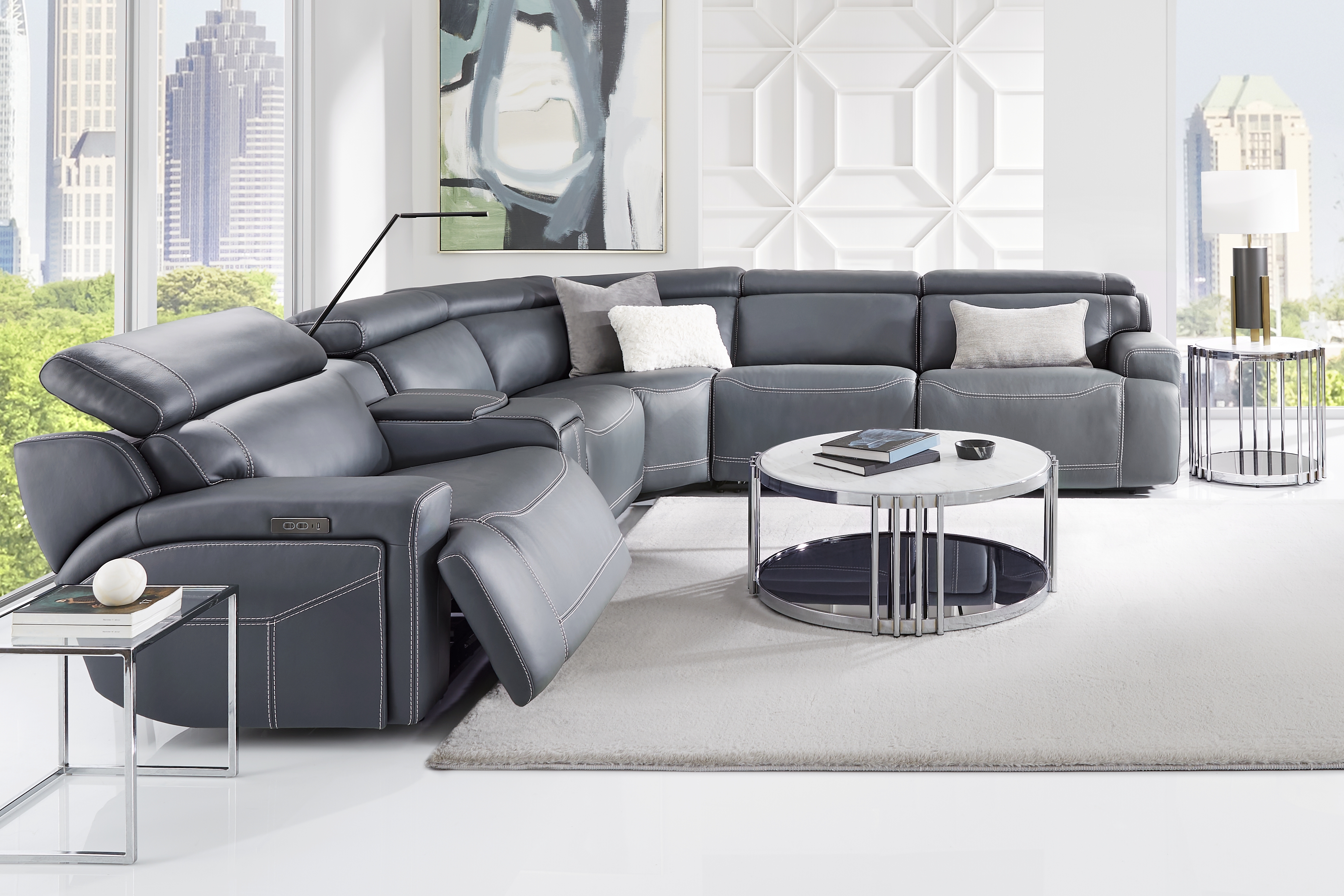 Alessio Navy Leather 6 Pc Dual Power Reclining Sectional