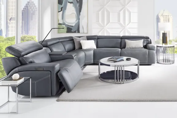 Alessio Navy Leather 6 Pc Dual Power Reclining Sectional