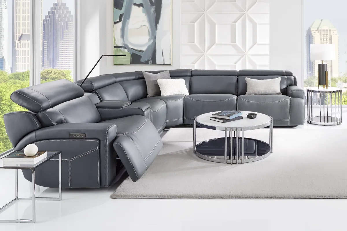 Alessio Navy Leather 6 Pc Dual Power Reclining Sectional