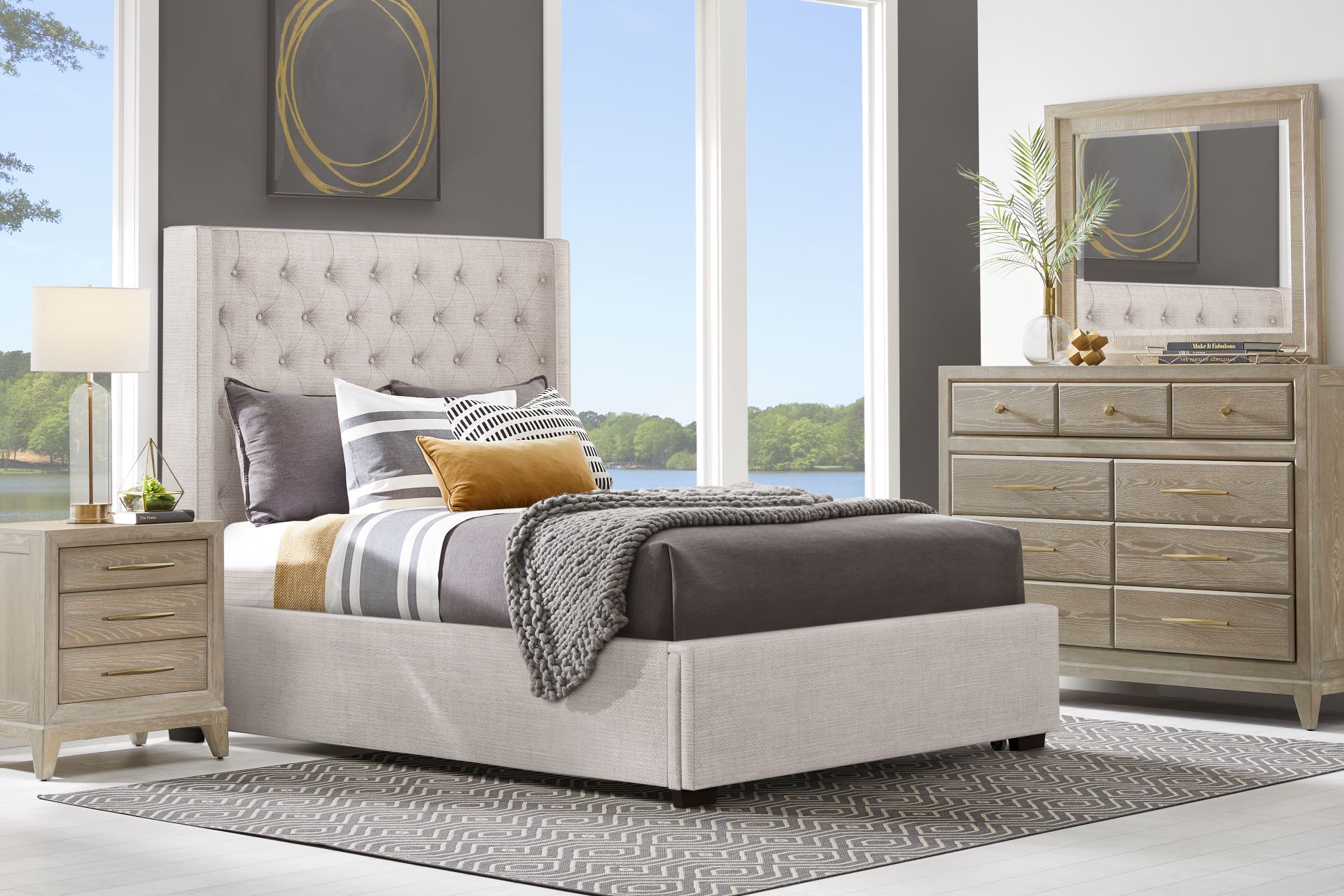 Kailey Park Light Oak Finish 5 Pc Bedroom With Harlow Hill Taupe Queen Upholstered Storage Bed - Image 1