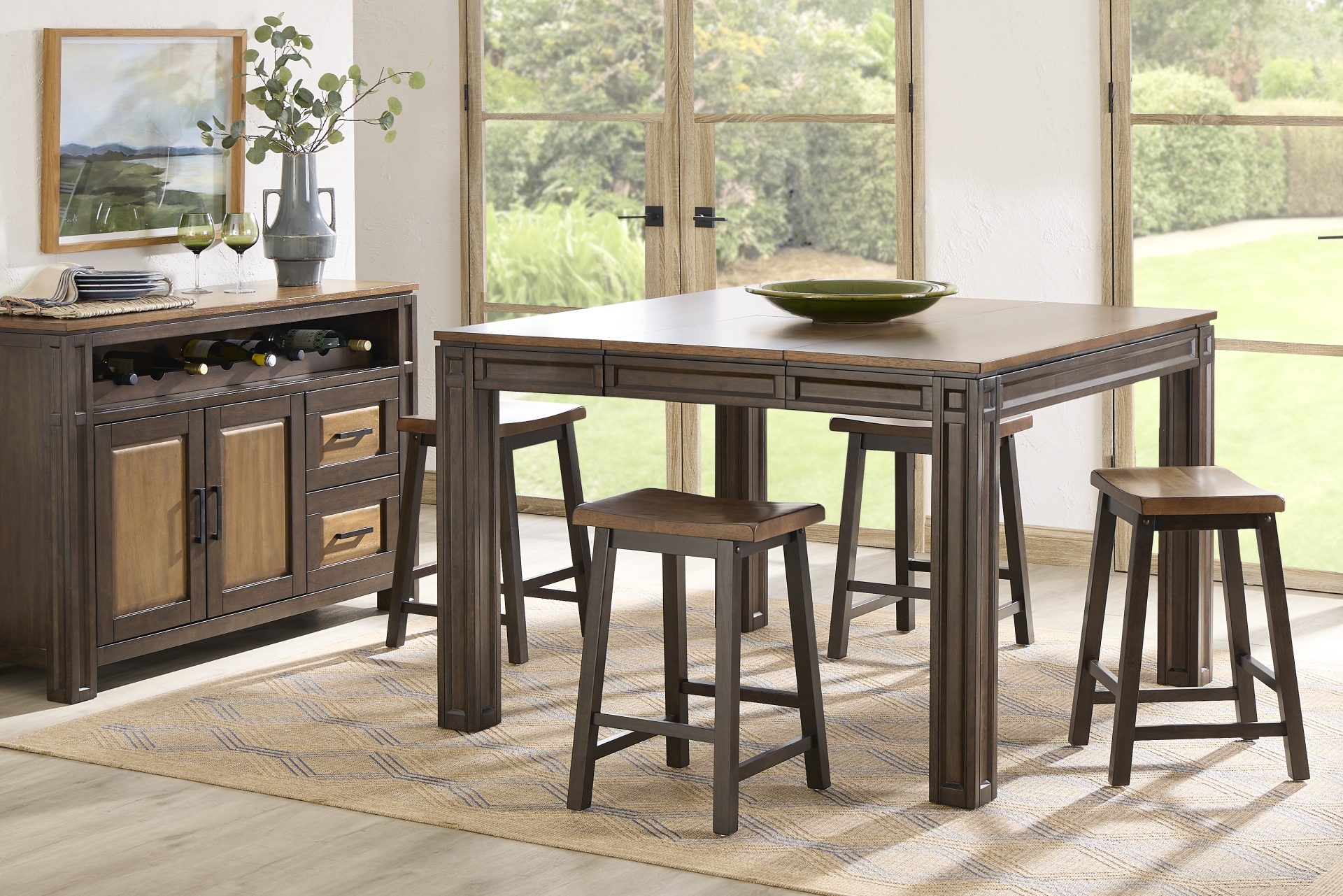 Coventry Dark Brown 5 Pc Counter Height Dining Room with Kyoto Stools full room
