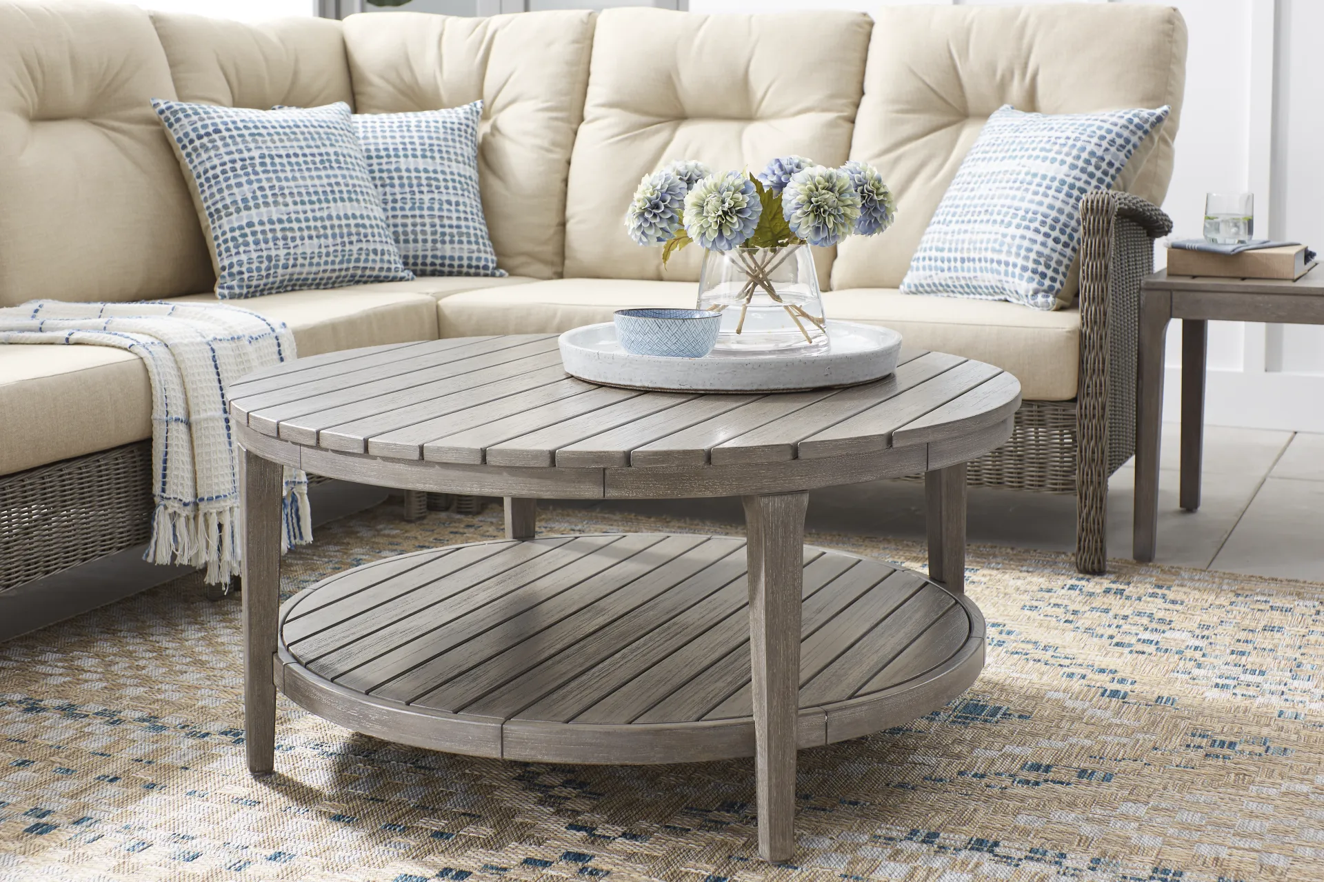 Forest Hills Gray Round Wood Outdoor Cocktail Table - Image 2