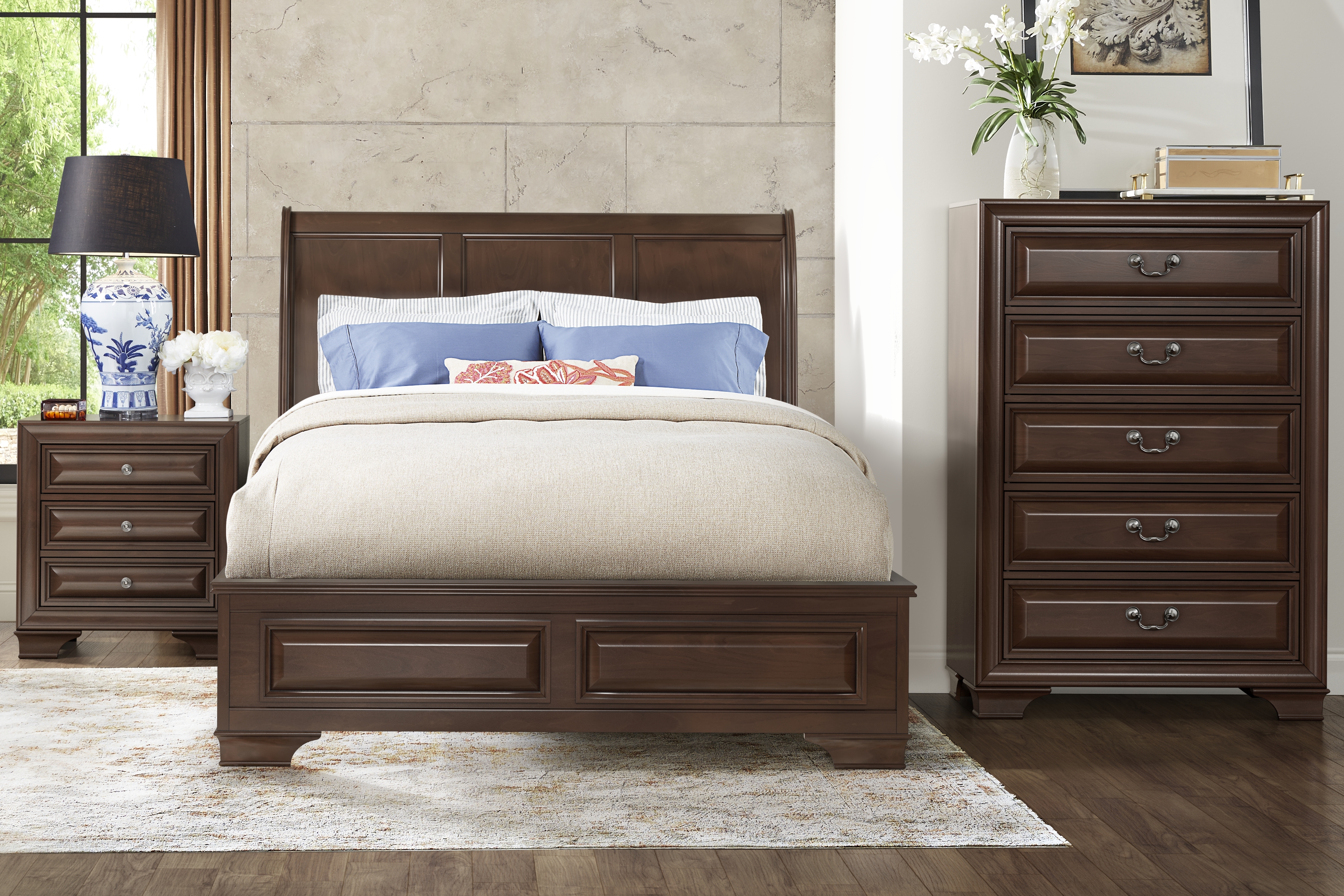 Mill Valley II Cherry Finish 3 Pc Queen Sleigh Bed - Thumbnail - Image 2