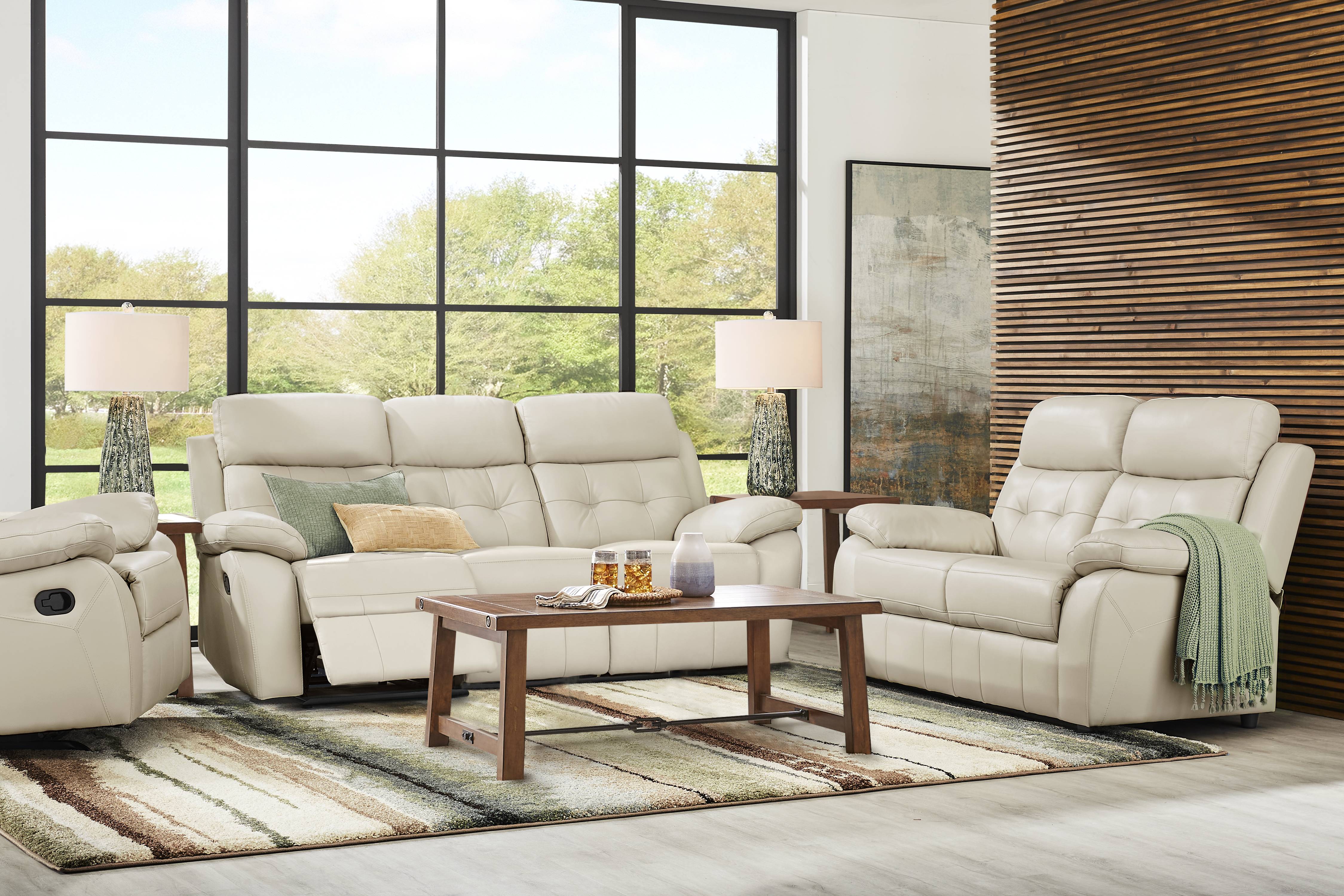 Antonin Beige Leather 5 Pc Living Room with Reclining Sofa - Thumbnail - Image 1