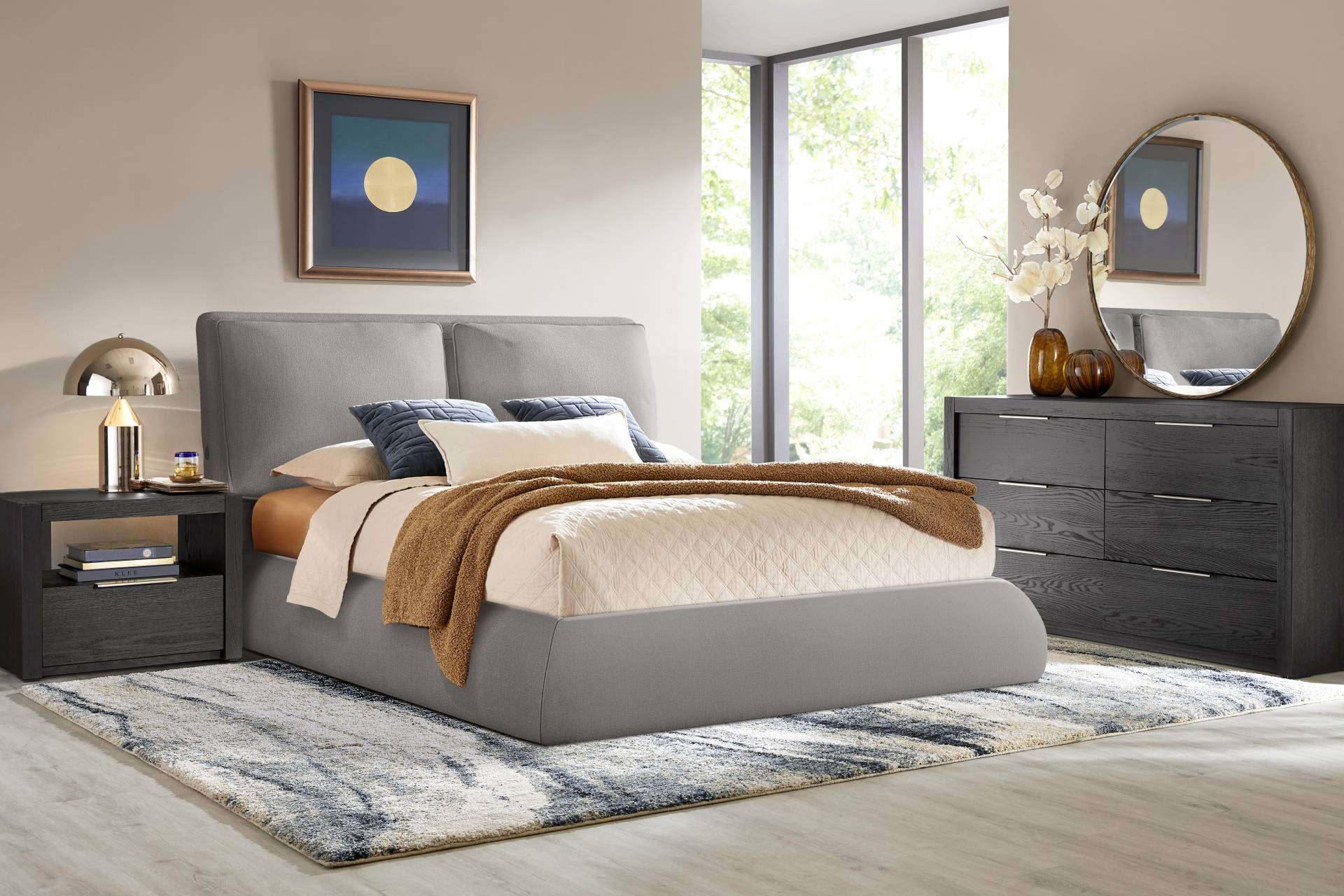 Easton Park Black 5 Pc Queen Upholstered Bedroom with York Mills Gray Upholstered Bed full room