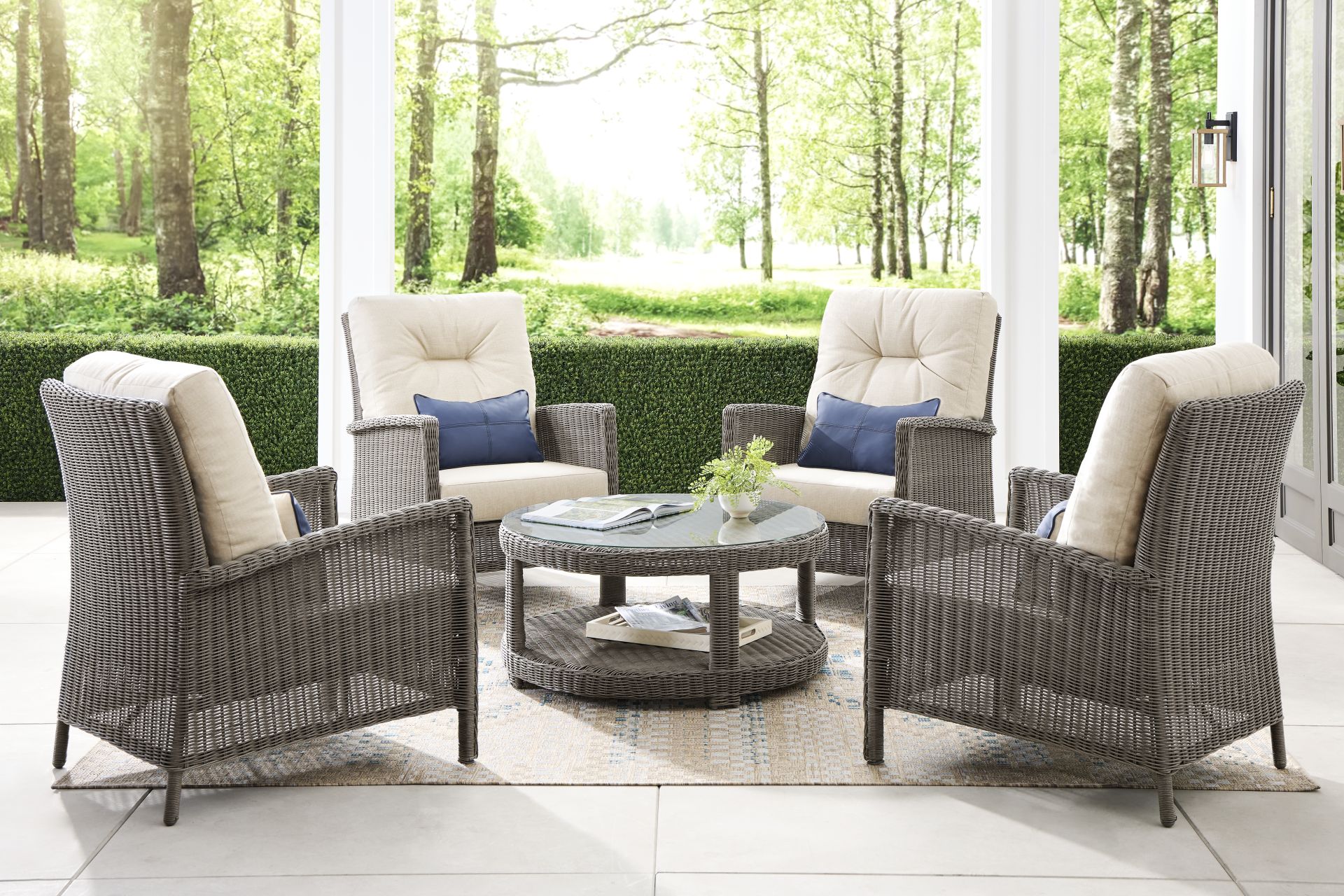 Forest Hills Gray 5 Pc Outdoor Chat Set with Beige Cushions - Image 1