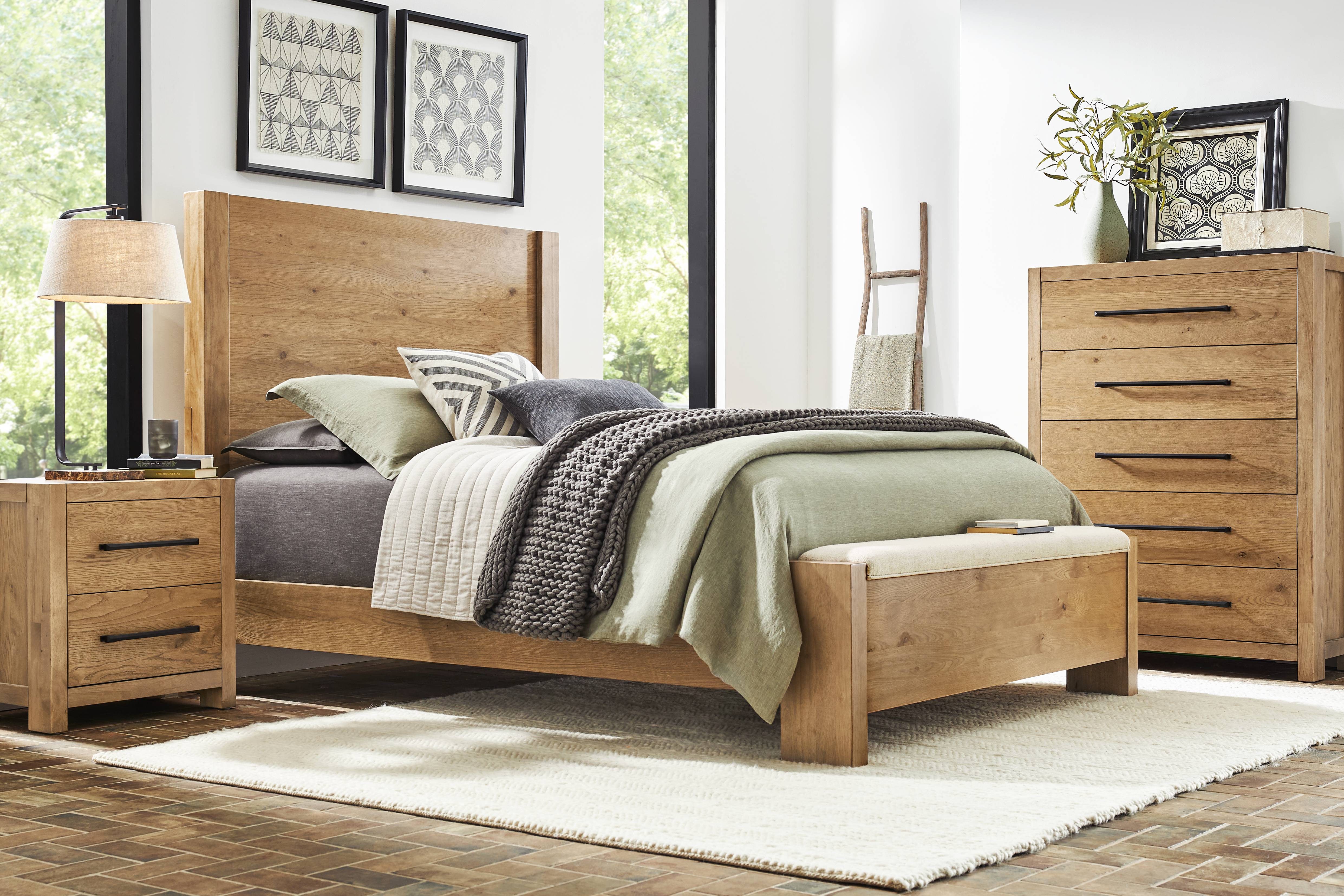 Ithaca Natural 5 Pc King Panel Bedroom with Bench - Thumbnail - Image 1