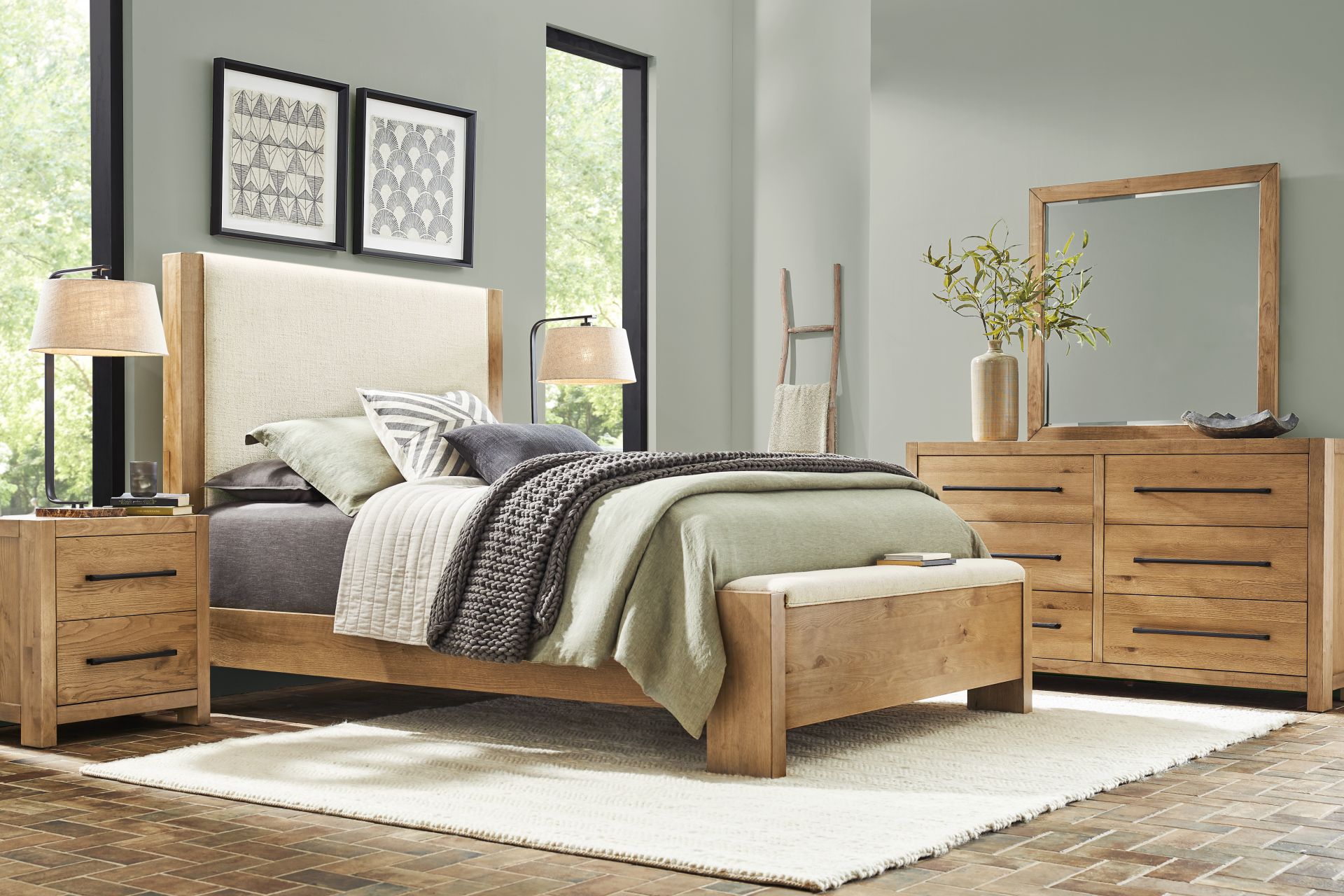 Ithaca Natural 3 Pc King Upholstered Bed with Bench - Image 2