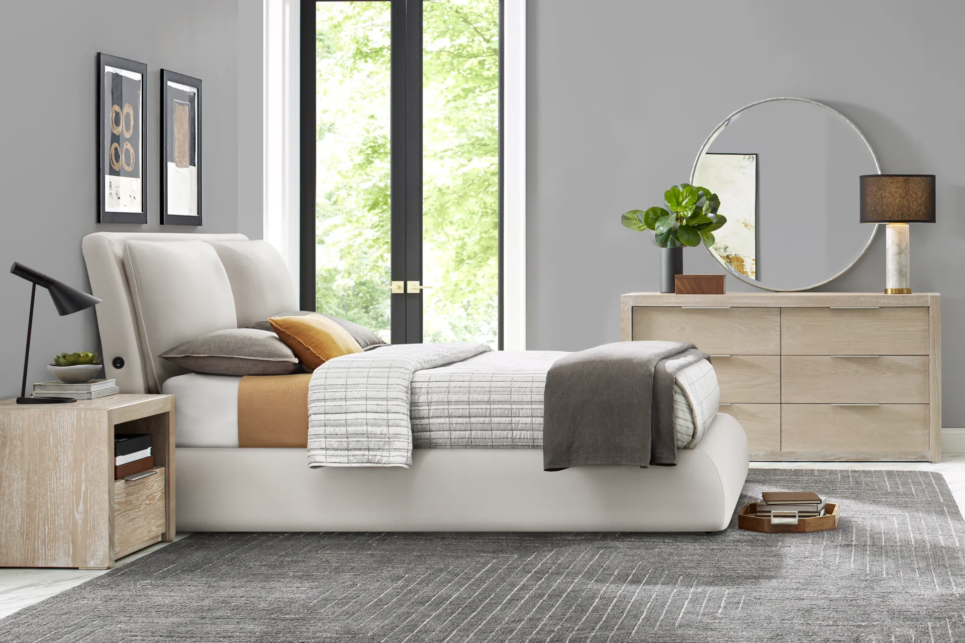 Easton Park Natural 7 Pc Queen Upholstered Bedroom with York Mills White Upholstered Bed - Image 1