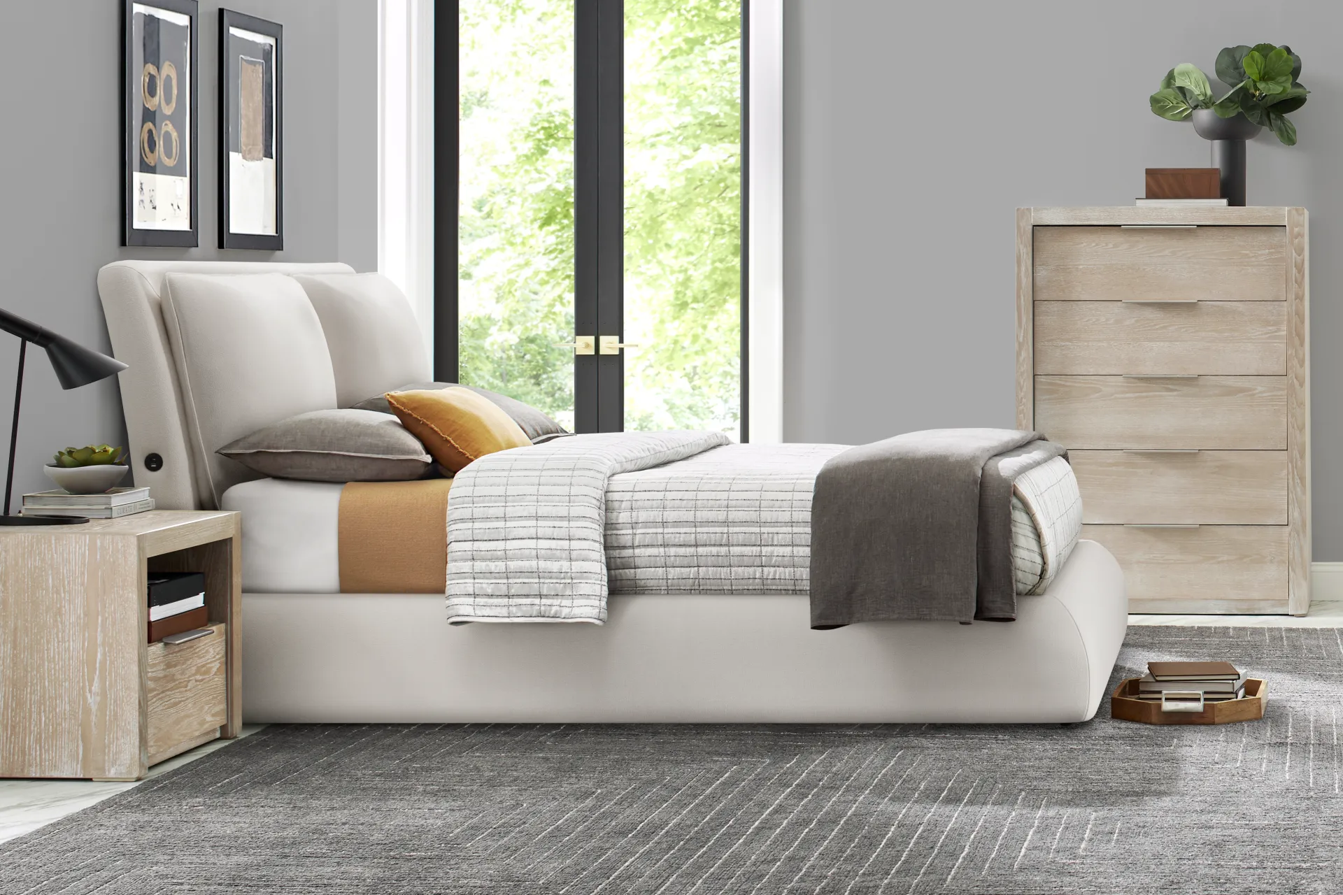 Easton Park Natural 5 Pc Bedroom with York Mills White Upholstered King Bed - Image 1