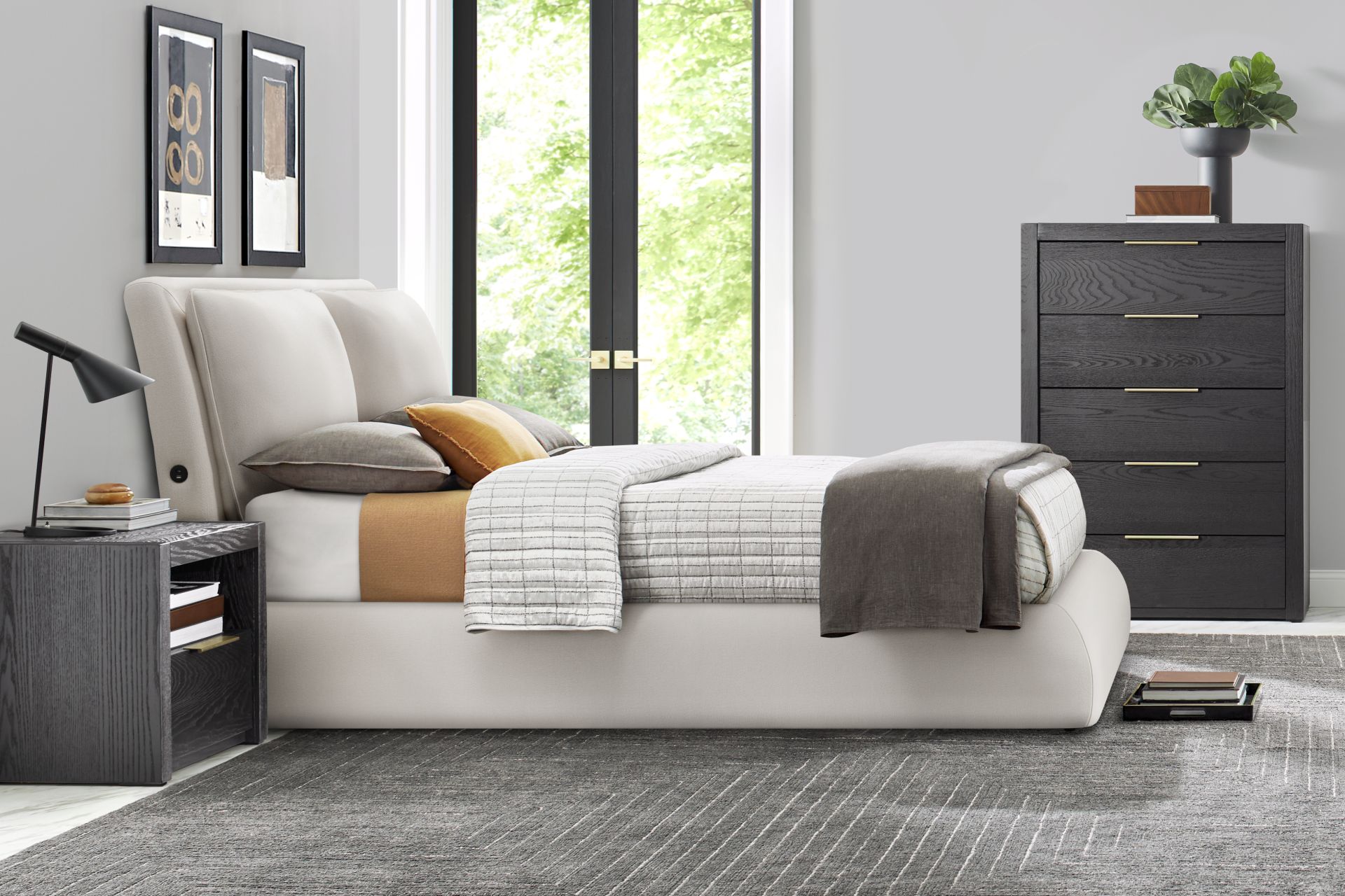 Easton Park Black 5 Pc Bedroom with York Mills White Upholstered Queen Bed - Image 1