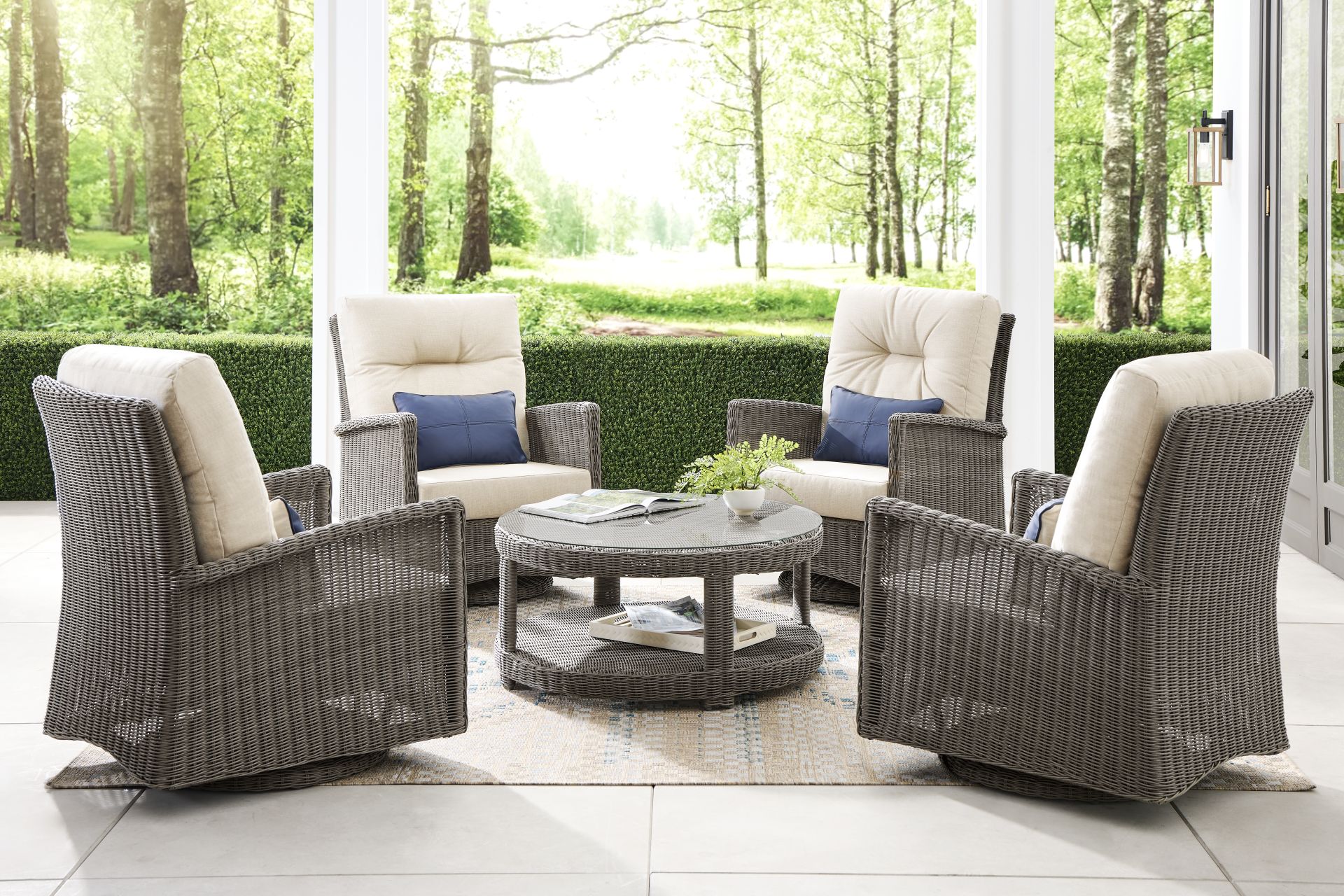 Forest Hills Gray 5 Pc Outdoor Chat Set with Swivel Chairs and Beige Cushions - Image 1