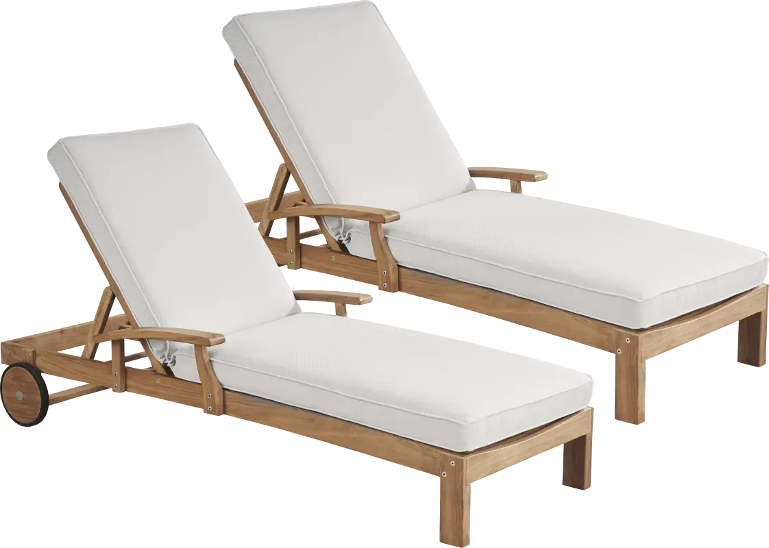 Pleasant Bay Teak Outdoor Chaise with Dove Cushions, Set of 2