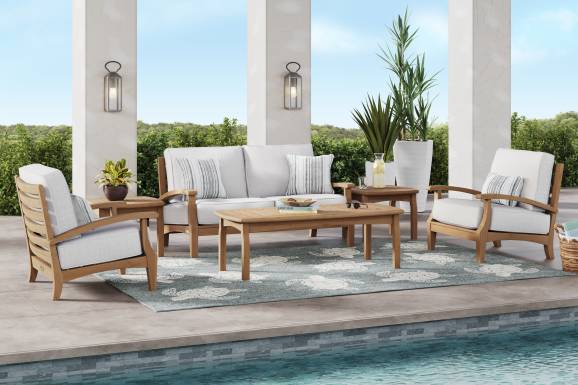 Pleasant Bay Teak Outdoor Loveseat with Dove Cushions