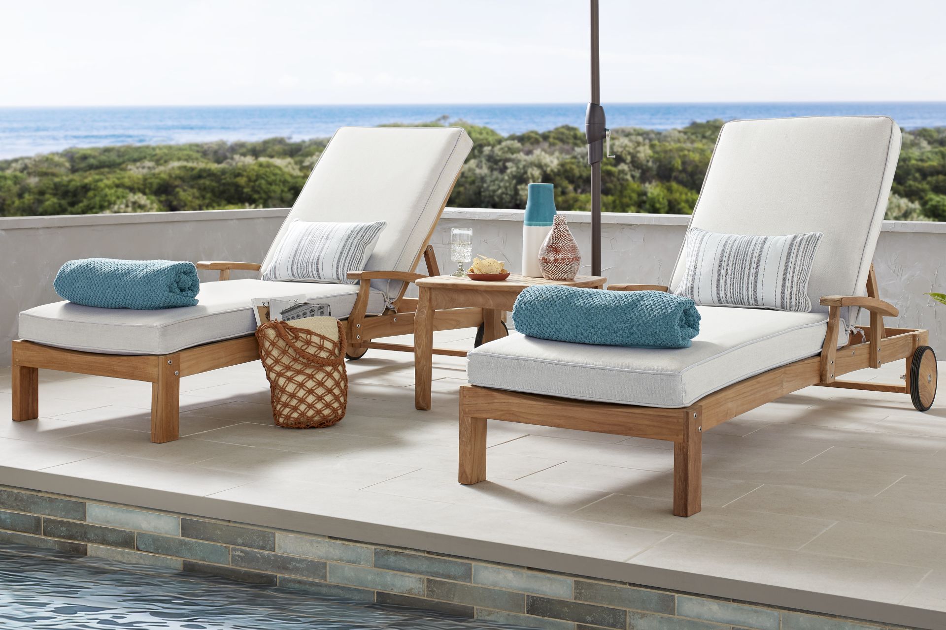 Pleasant Bay Teak Outdoor Chaise with Dove Cushions, Set of 2 - Image 2