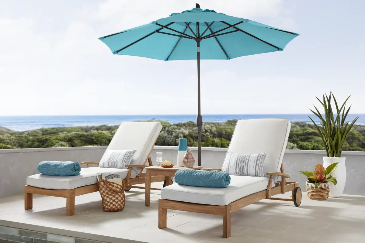 Pleasant Bay Teak Outdoor Chaise with Dove Cushions, Set of 2