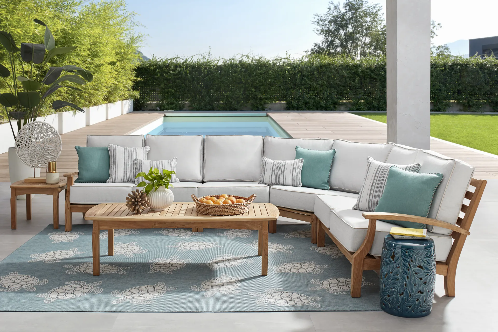 Pleasant Bay Teak 4 Pc Outdoor Sectional with Dove Cushions - Image 2