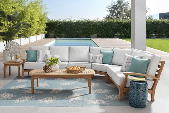 Pleasant Bay Teak 4 Pc Outdoor Sectional with Dove Cushions