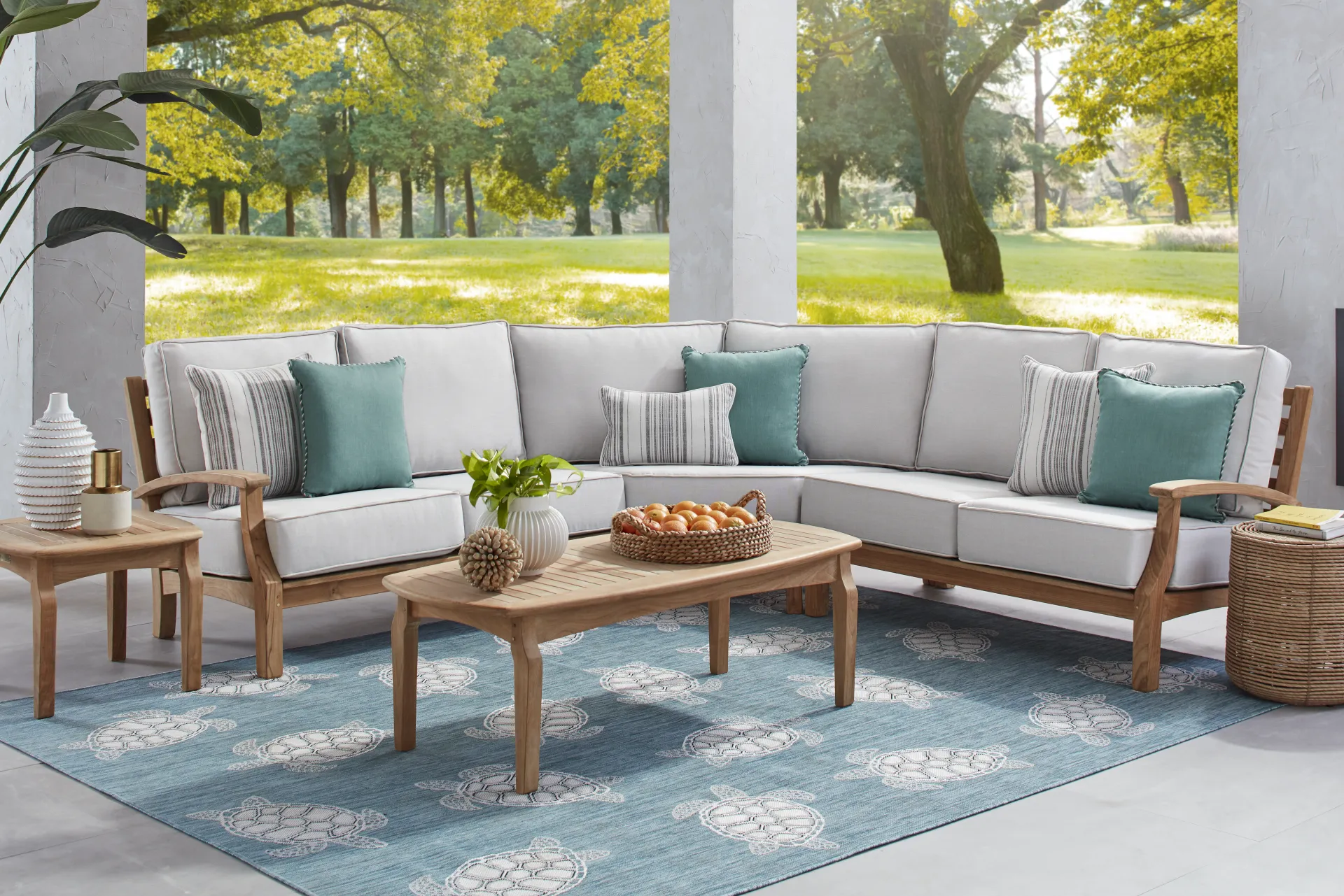 Pleasant Bay Teak 3 Pc Outdoor Sectional with Dove Cushions - Image 1