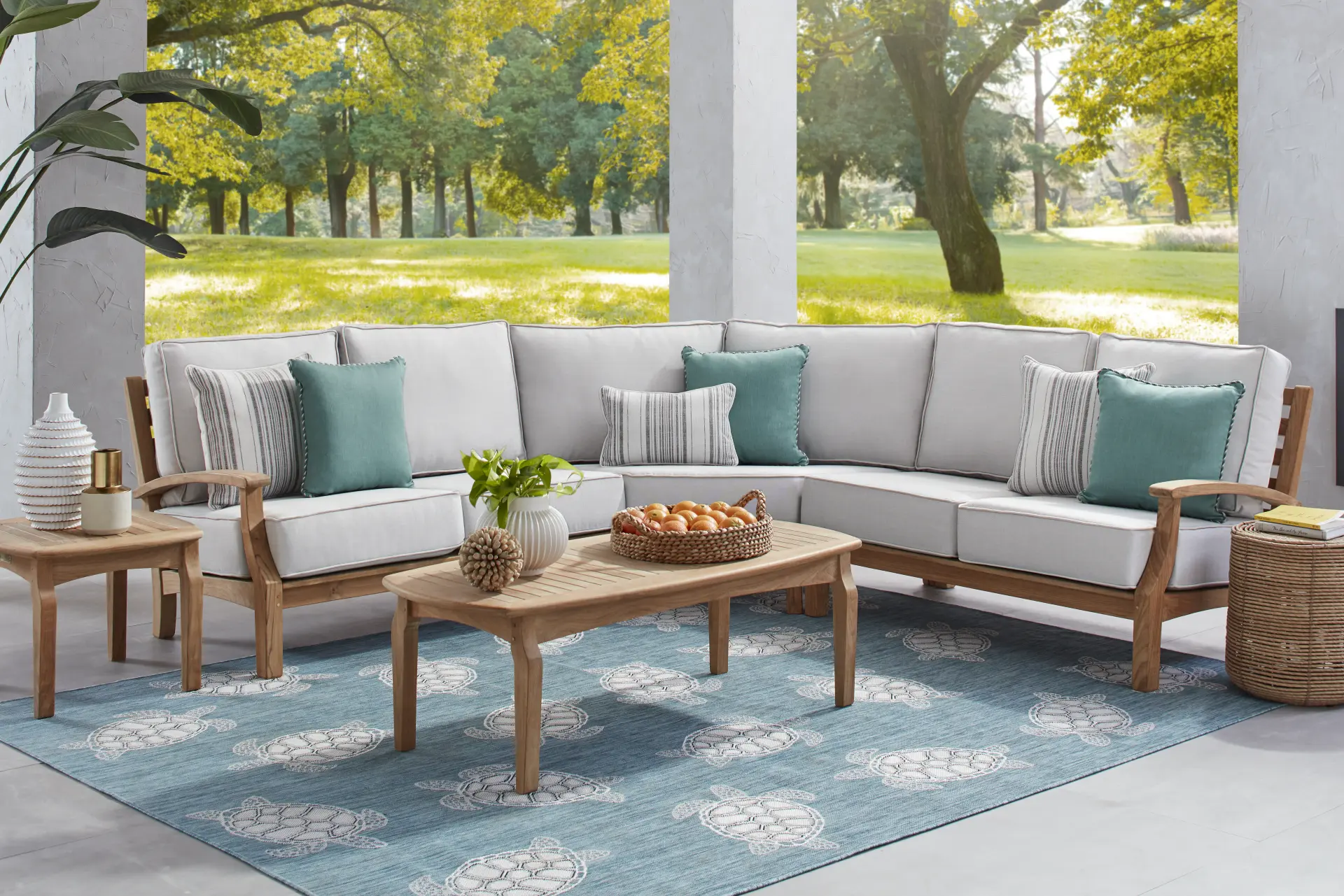 Pleasant Bay Teak 3 Pc Outdoor Sectional with Dove Cushions