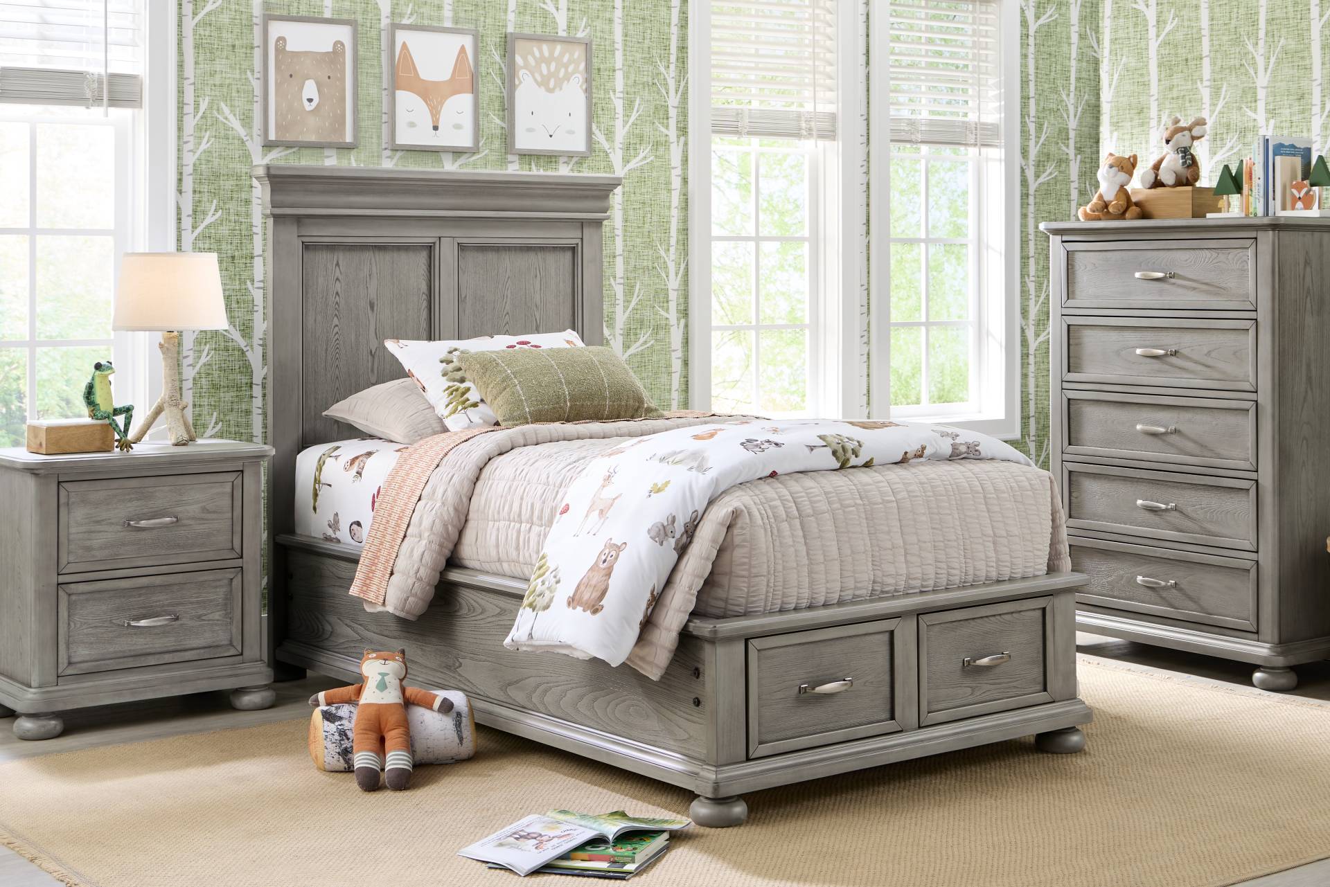 Kids Woodland Adventures Classic Gray Twin Storage Bedroom full room