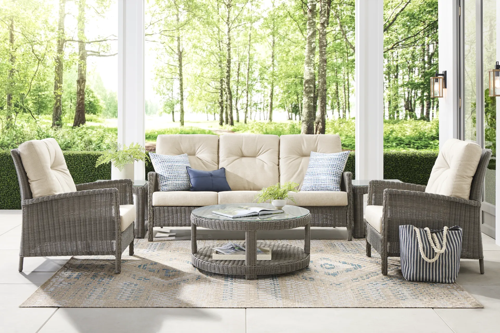 Forest Hills Gray Outdoor Sofa with Beige Cushions - Image 1