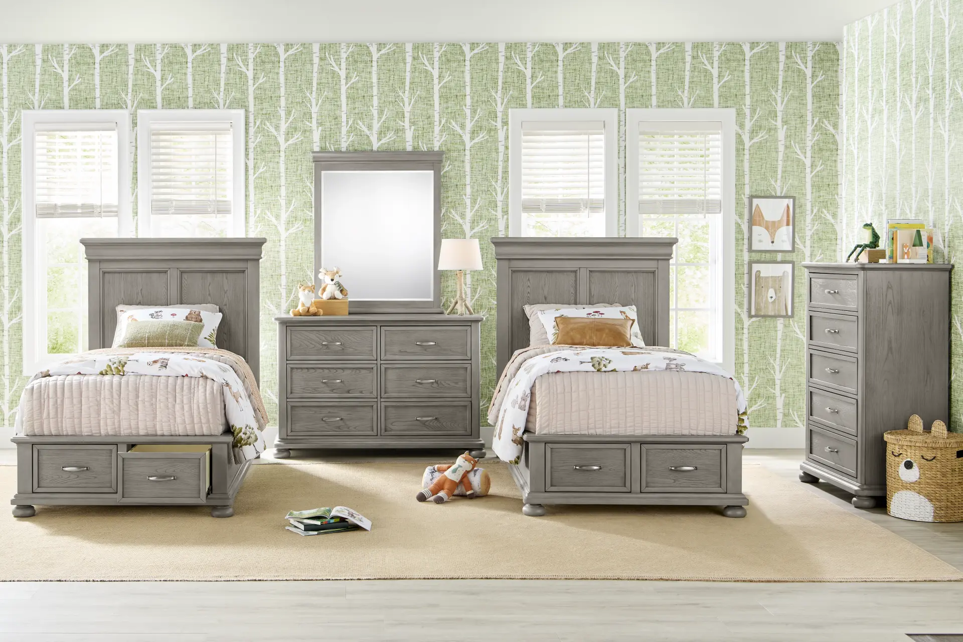 Kids Woodland Adventures Classic Gray Twin Storage Bedroom