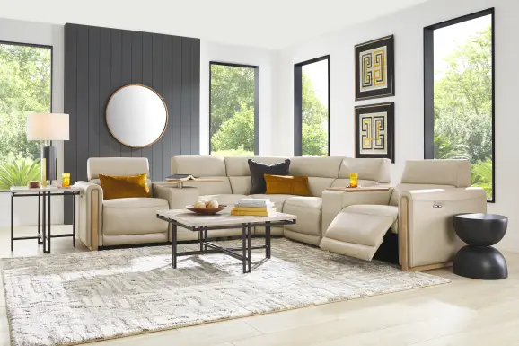Stefano Almond Leather 7 Pc Dual Power Reclining Sectional